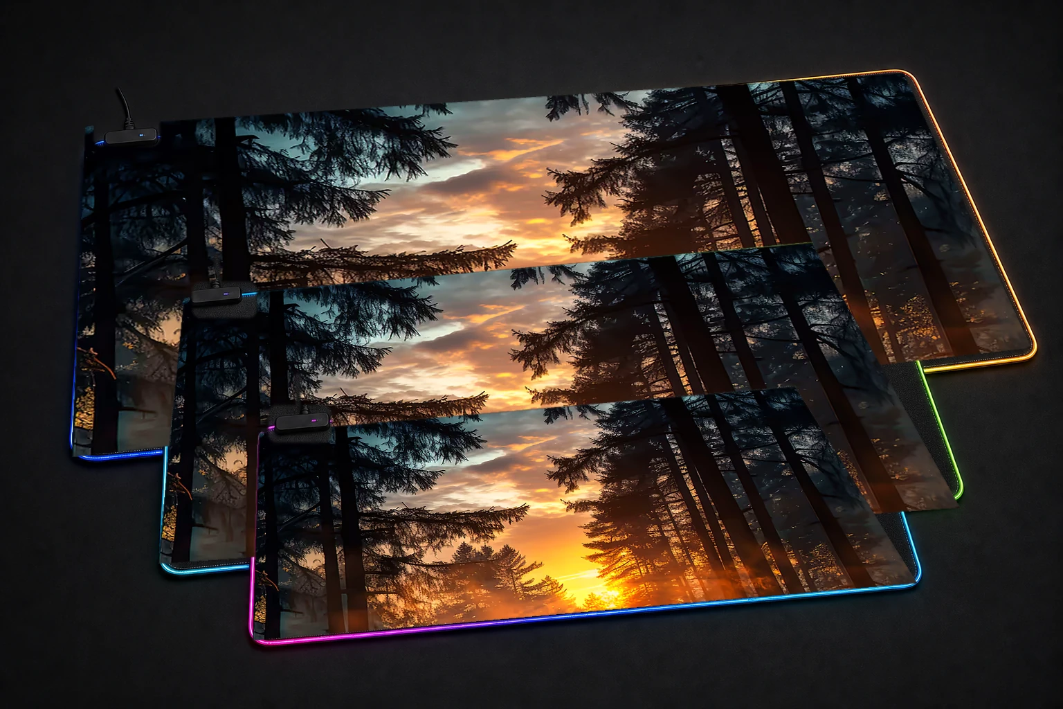 Trending Nature RGB Desk Mat three-size comparison
