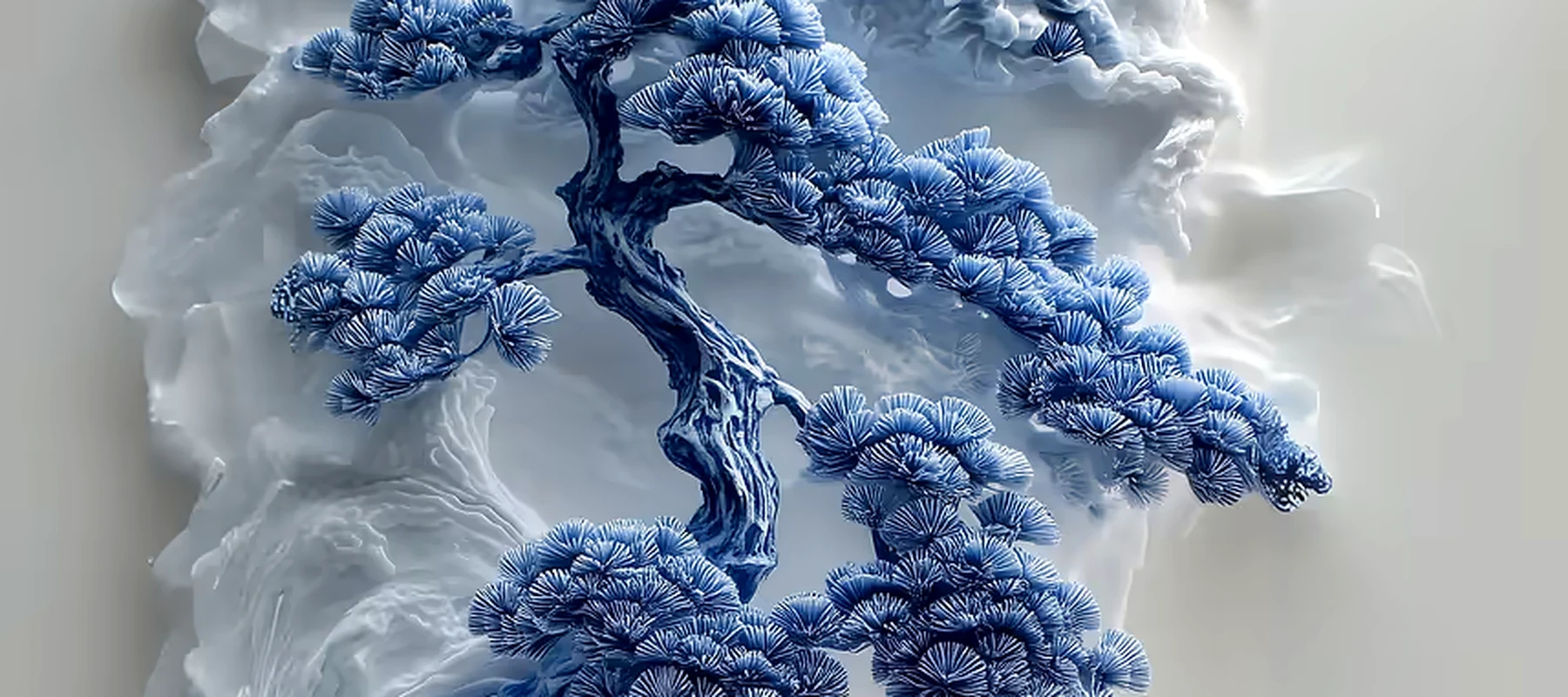 Blue and White Bonsai Tree Sculpture RGB Desk Mat full-width design preview
