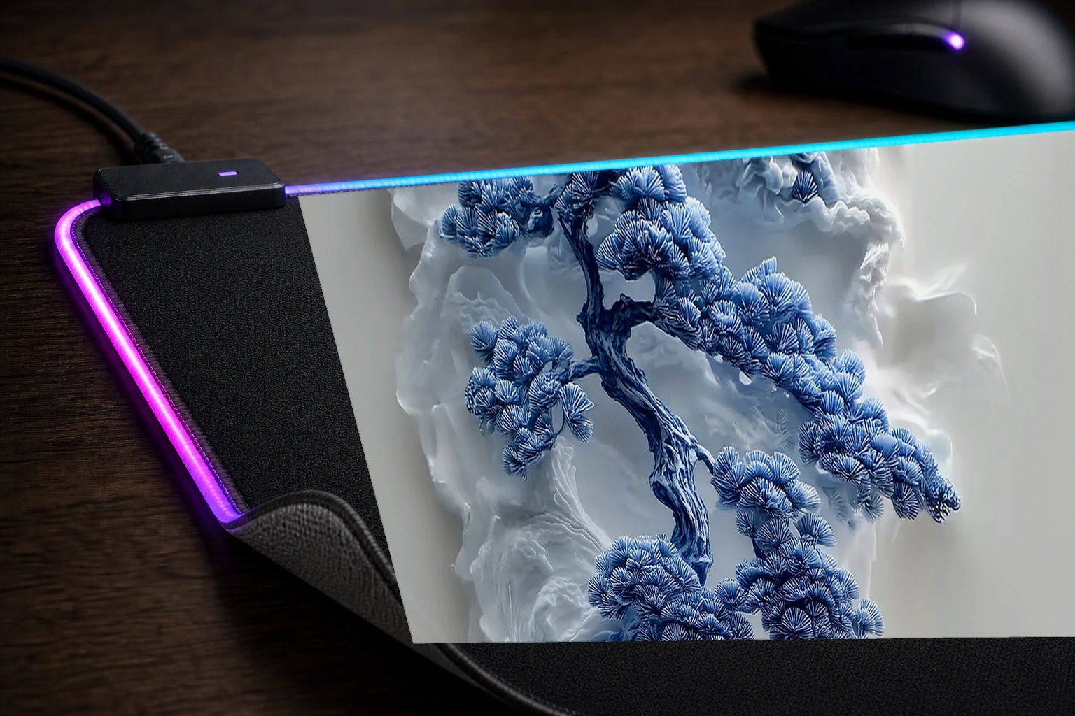 Blue and White Bonsai Tree Sculpture RGB Desk Mat controller and material detail