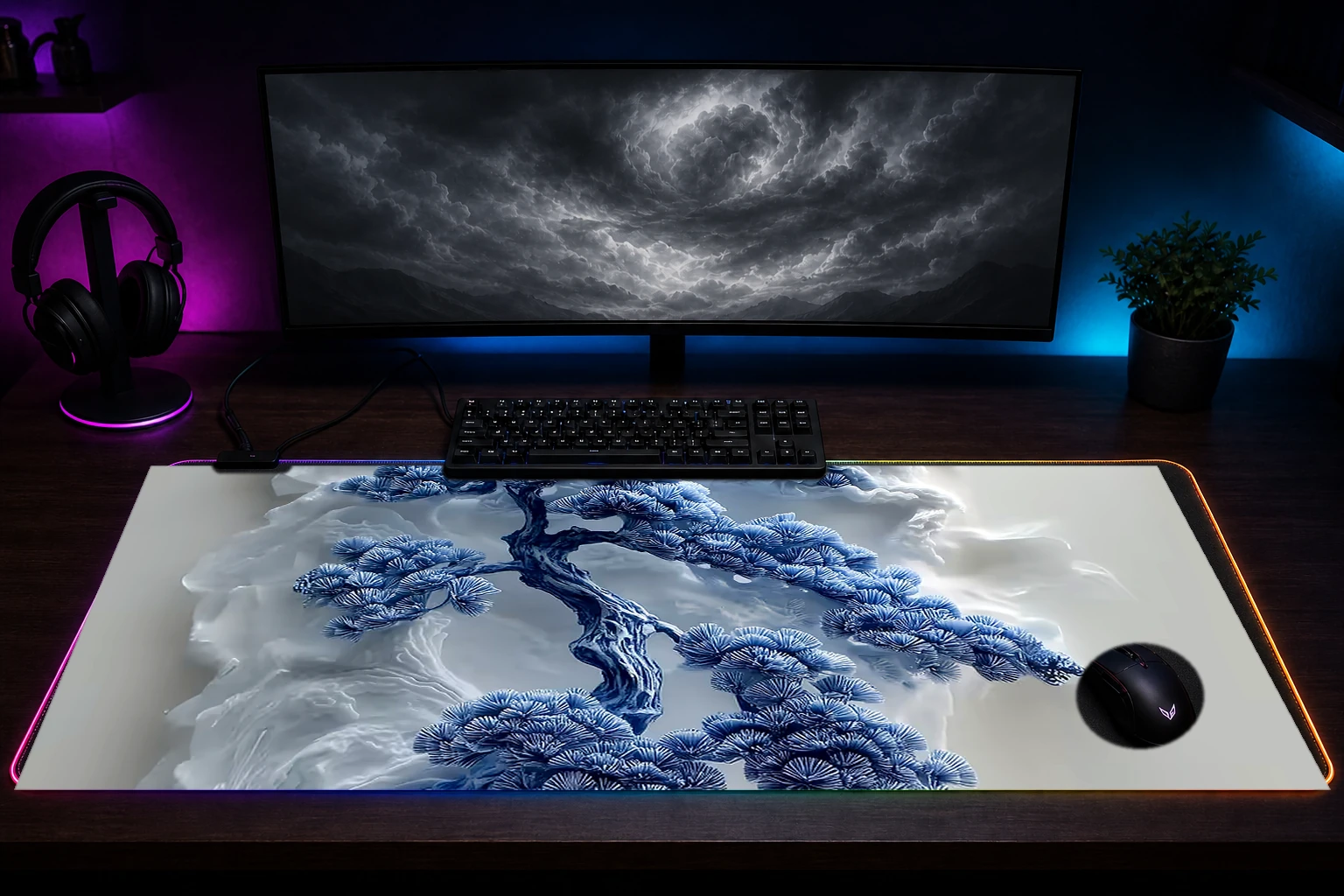 Blue and White Bonsai Tree Sculpture RGB Desk Mat immersive setup scene