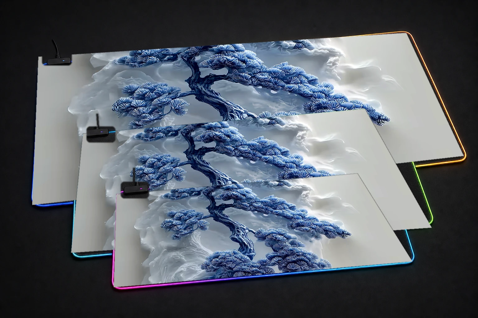 Blue and White Bonsai Tree Sculpture RGB Desk Mat three-size comparison