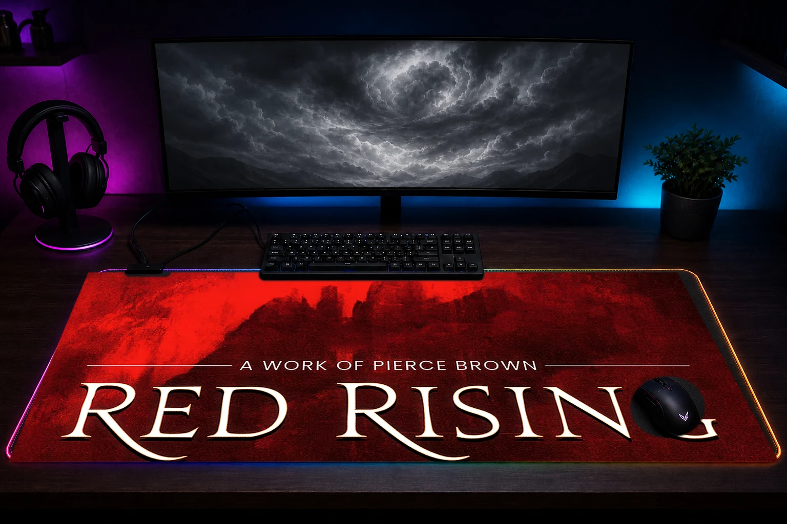 Red Rising Book Cover RGB Desk Mat immersive setup scene
