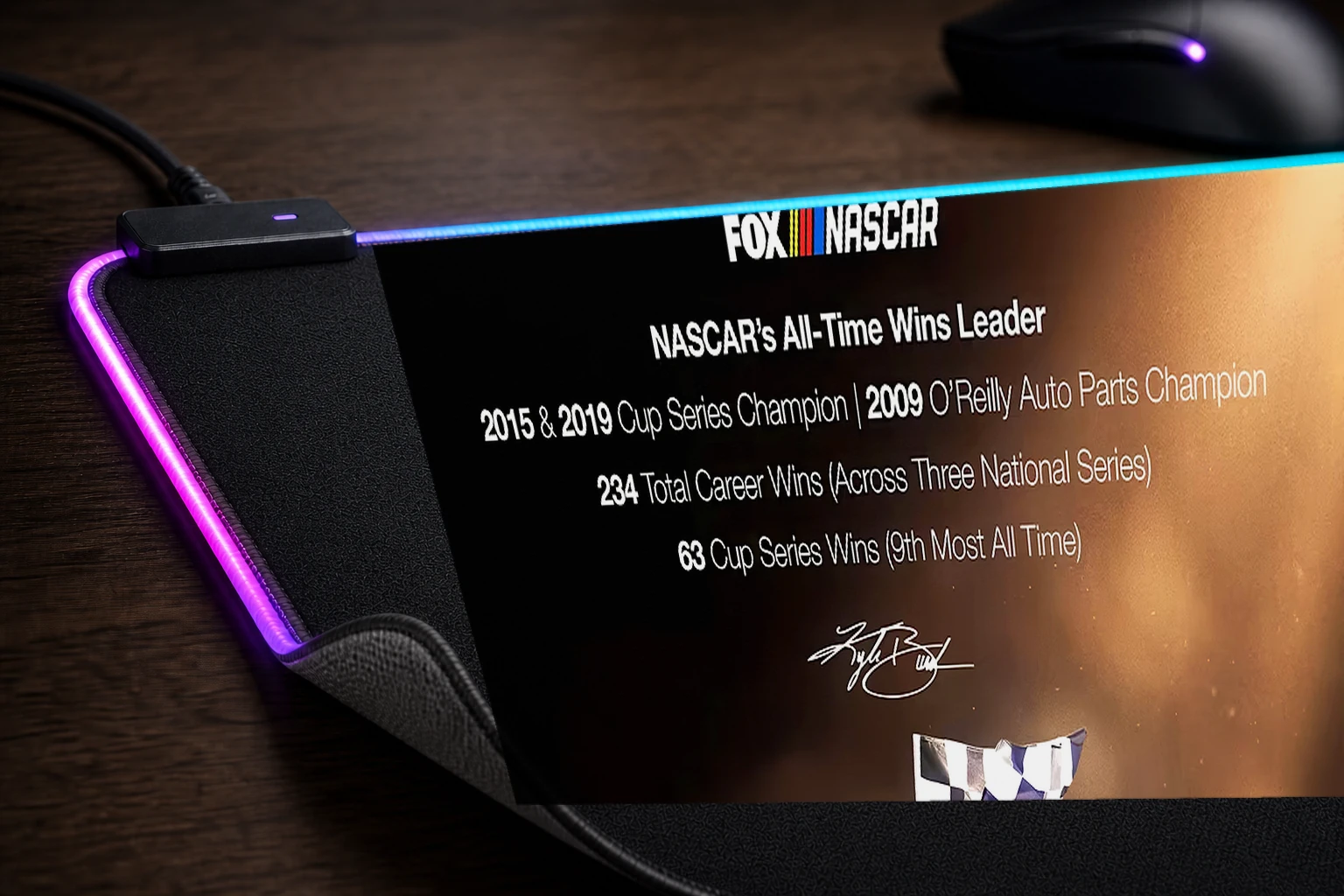 Kyle Busch NASCAR Champion Celebration RGB Desk Mat controller and material detail
