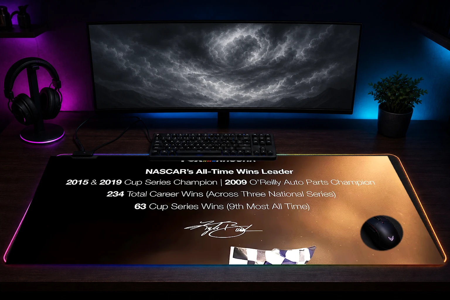 Kyle Busch NASCAR Champion Celebration RGB Desk Mat immersive setup scene