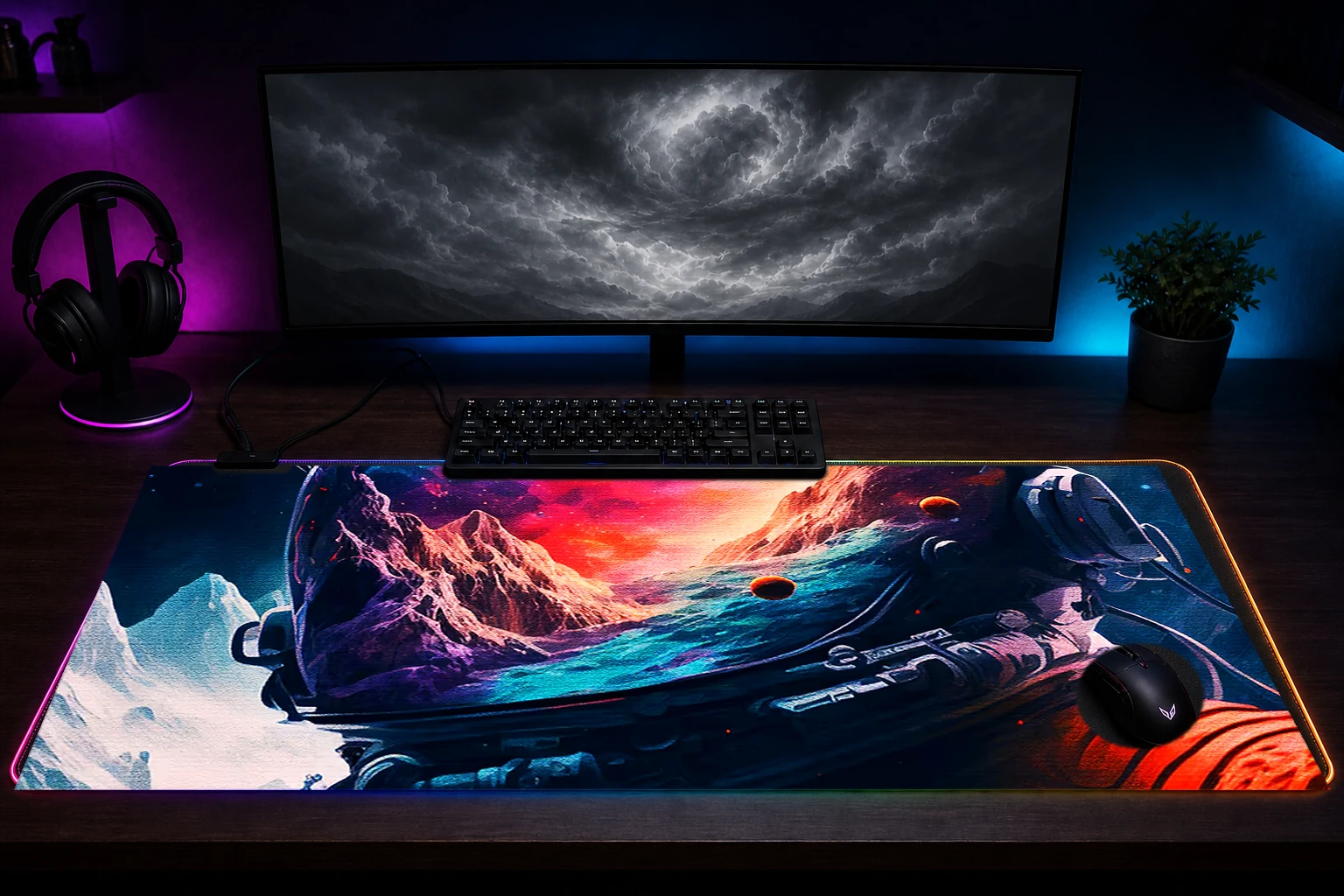 Space is Wild RGB Desk Mat immersive setup scene