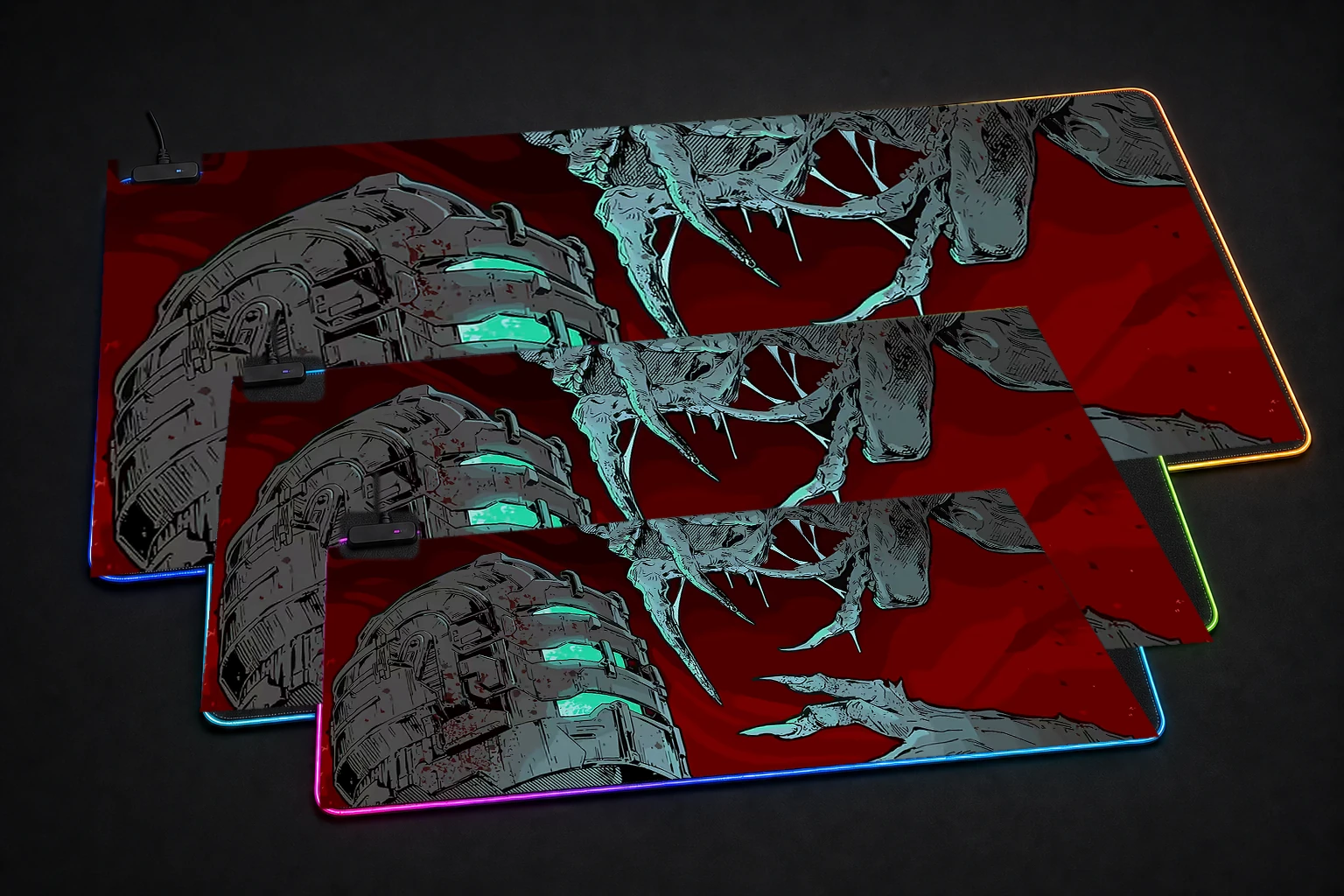 Dead Space: Isaac Clarke vs Necromorph RGB Desk Mat three-size comparison