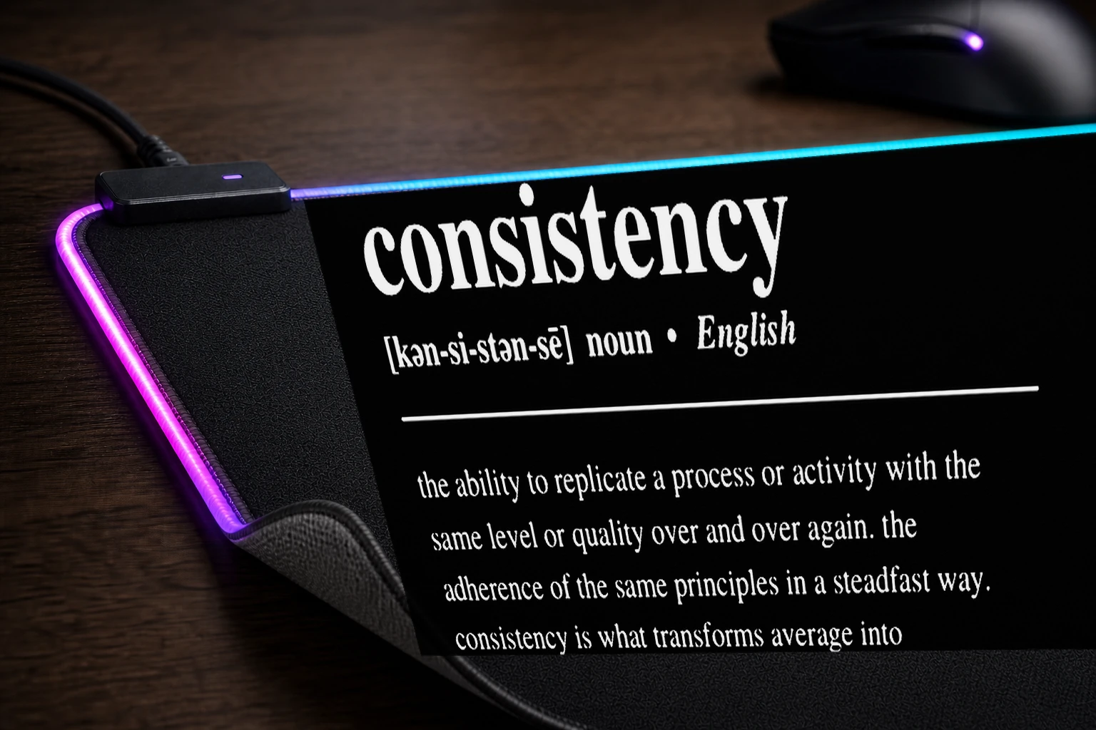 Consistency Definition on Black Background RGB Desk Mat controller and material detail