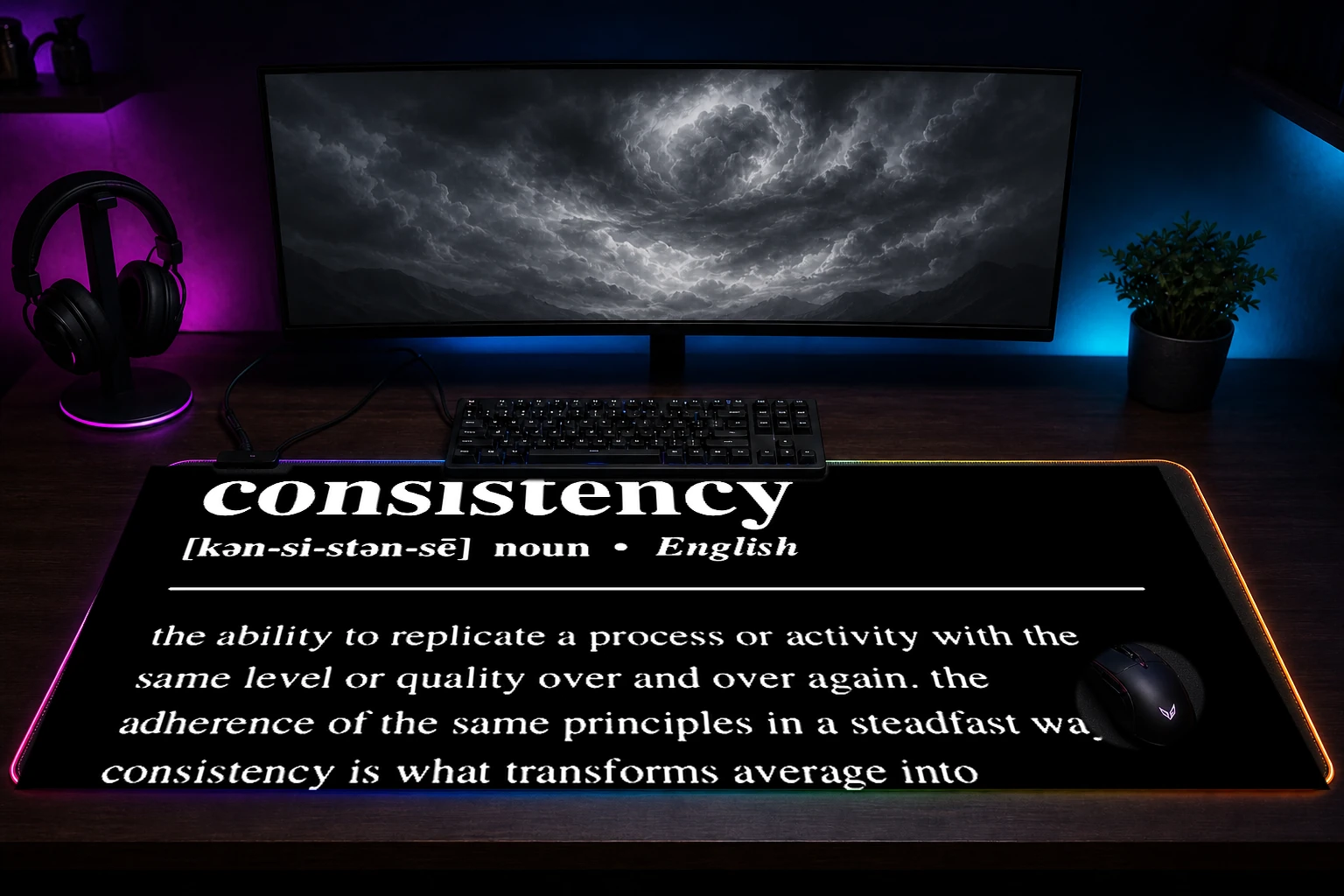 Consistency Definition on Black Background RGB Desk Mat immersive setup scene