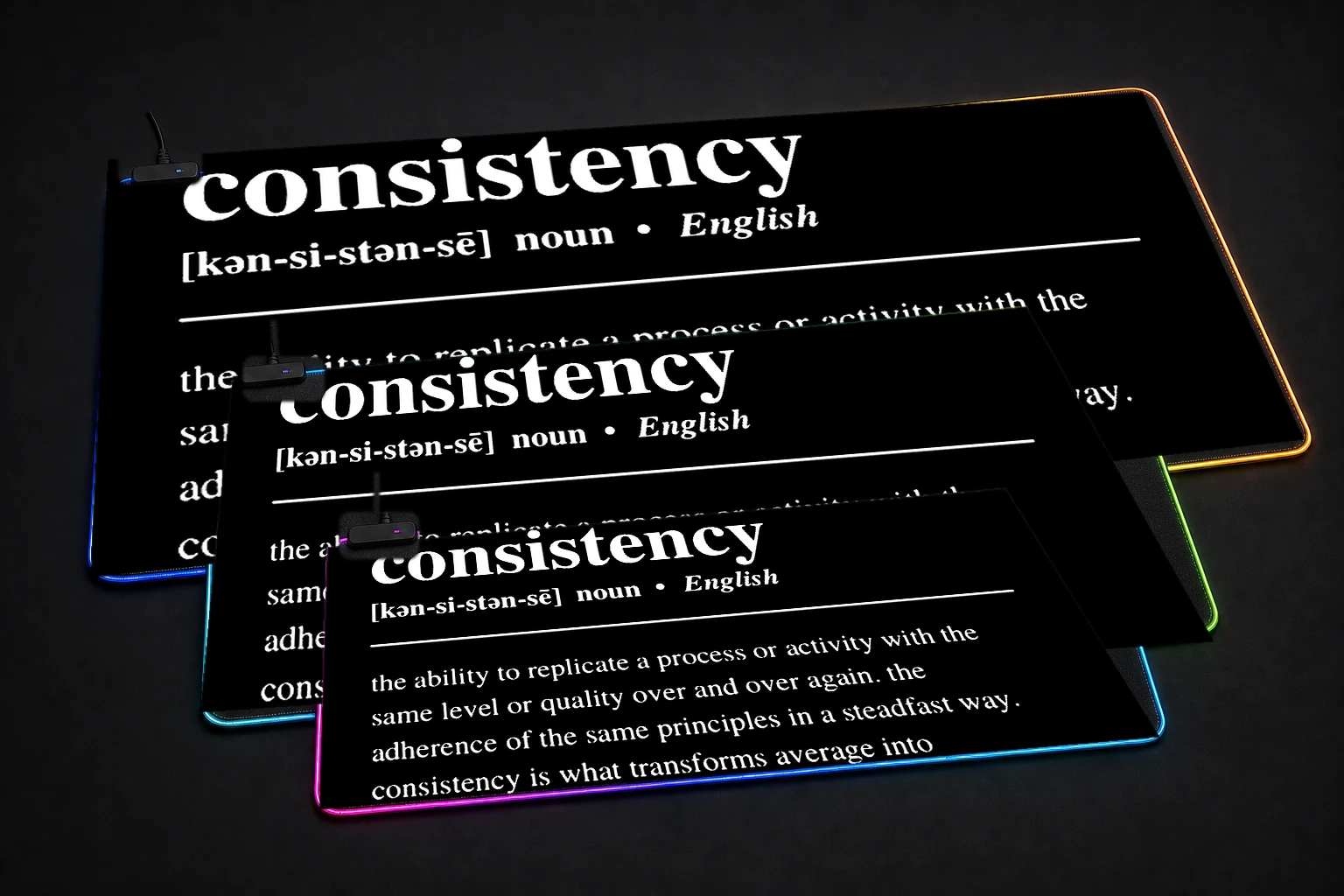 Consistency Definition on Black Background RGB Desk Mat three-size comparison