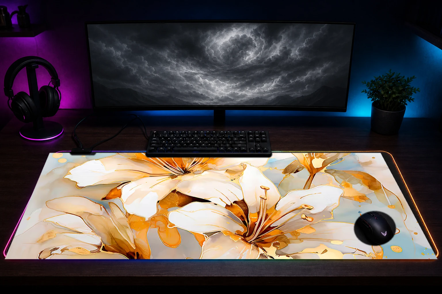 flower art RGB Desk Mat immersive setup scene