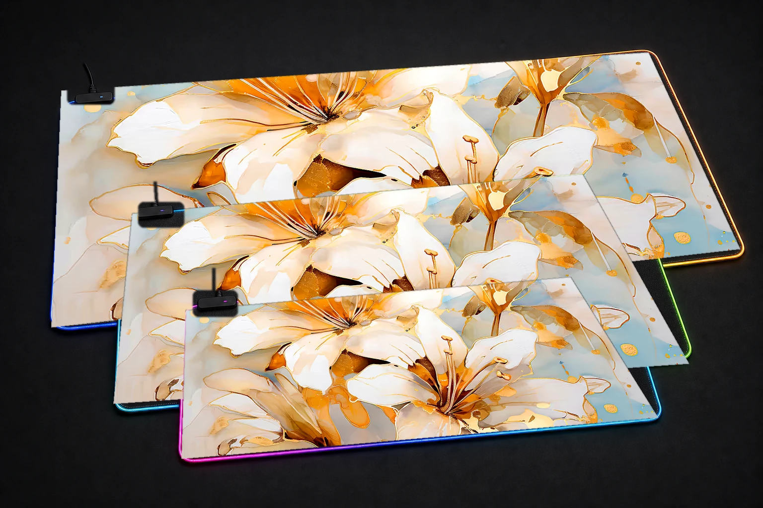flower art RGB Desk Mat three-size comparison