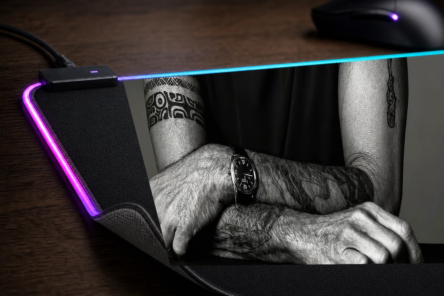 Portrait of Anthony Bourdain RGB Desk Mat controller and material detail