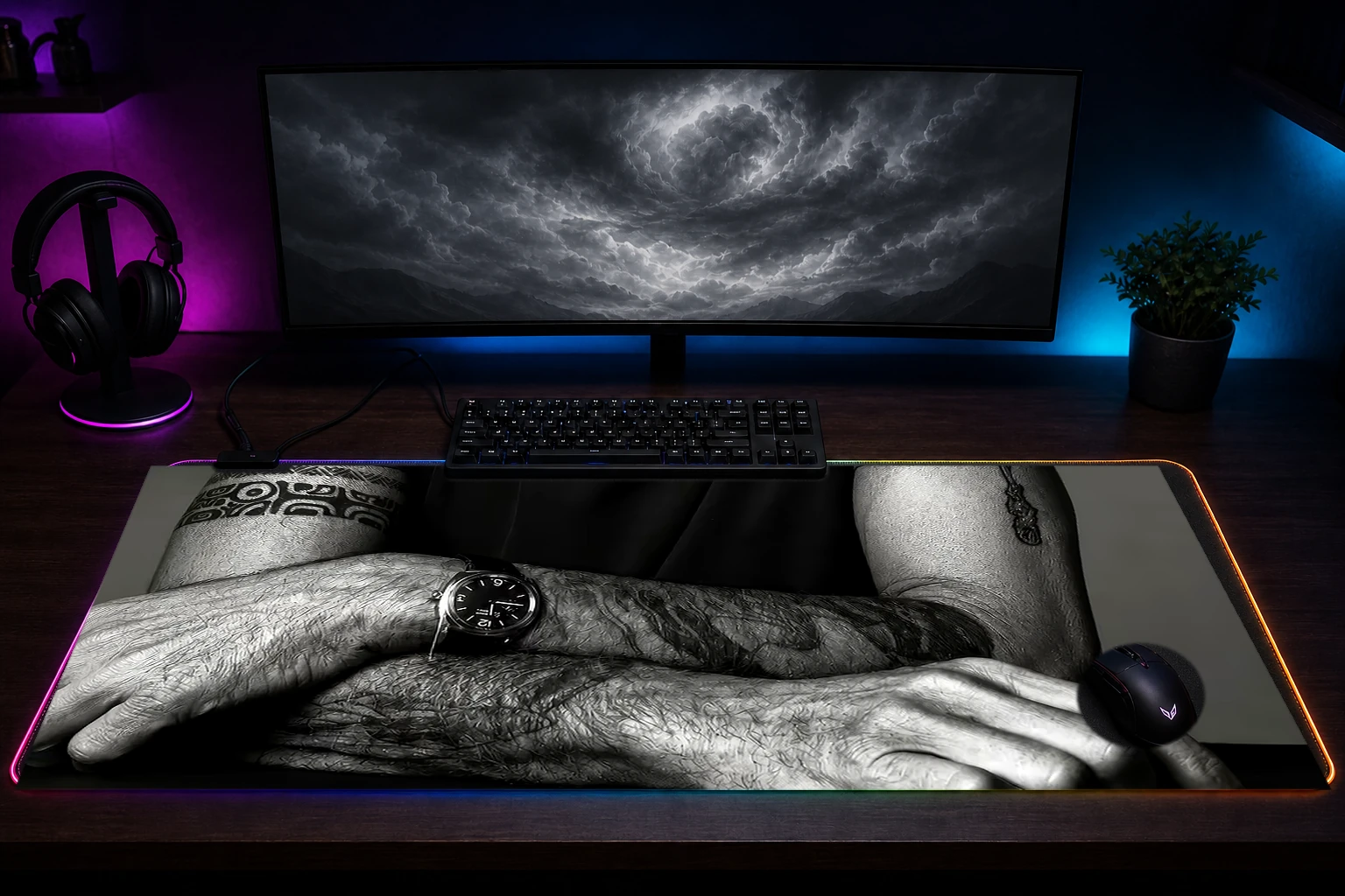 Portrait of Anthony Bourdain RGB Desk Mat immersive setup scene
