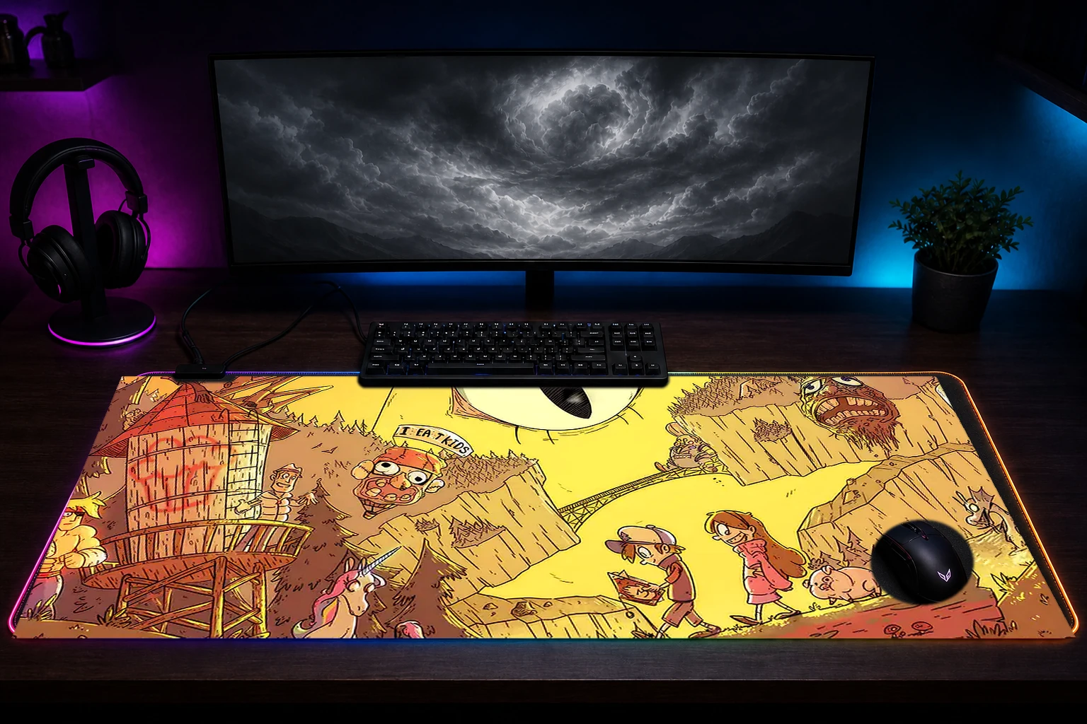 Gravity Falls Cartoon RGB Desk Mat immersive setup scene