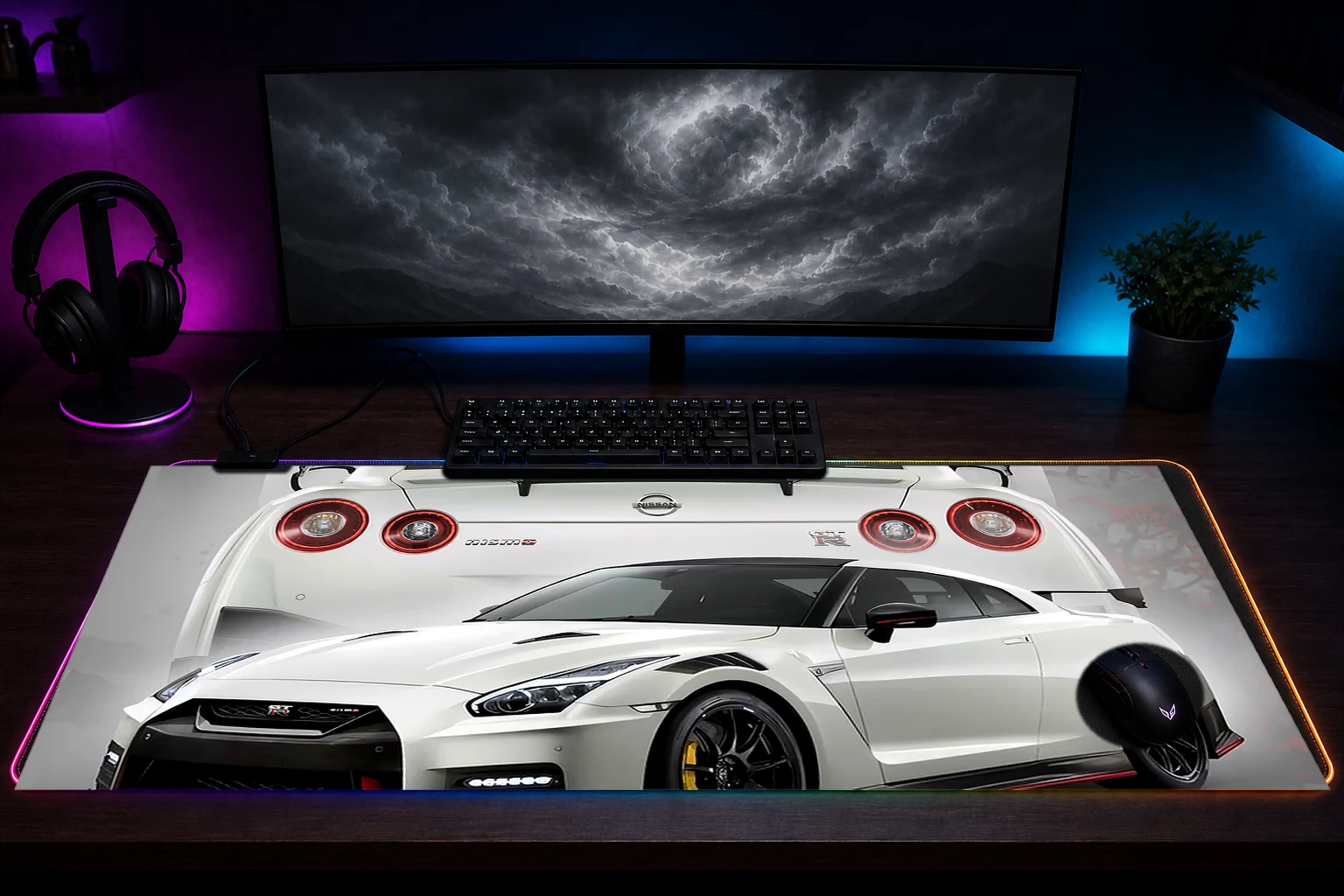 Nissan GTR R35 Nismo Japanese Style RGB Desk Mat immersive setup scene