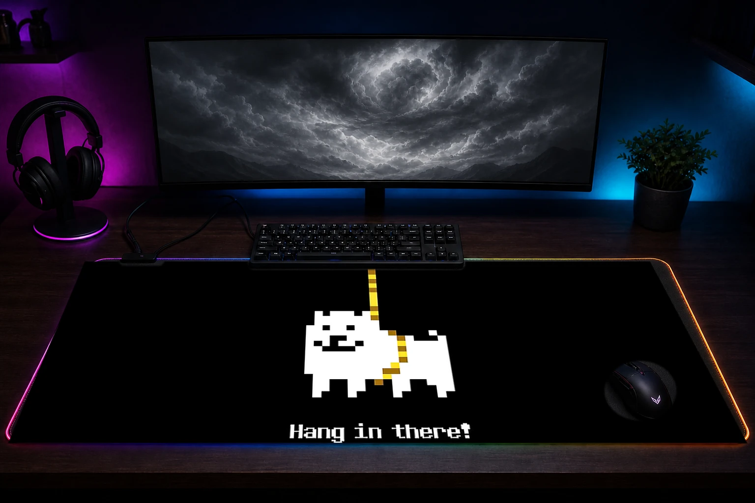 Undertale 'hang in there?' RGB Desk Mat immersive setup scene