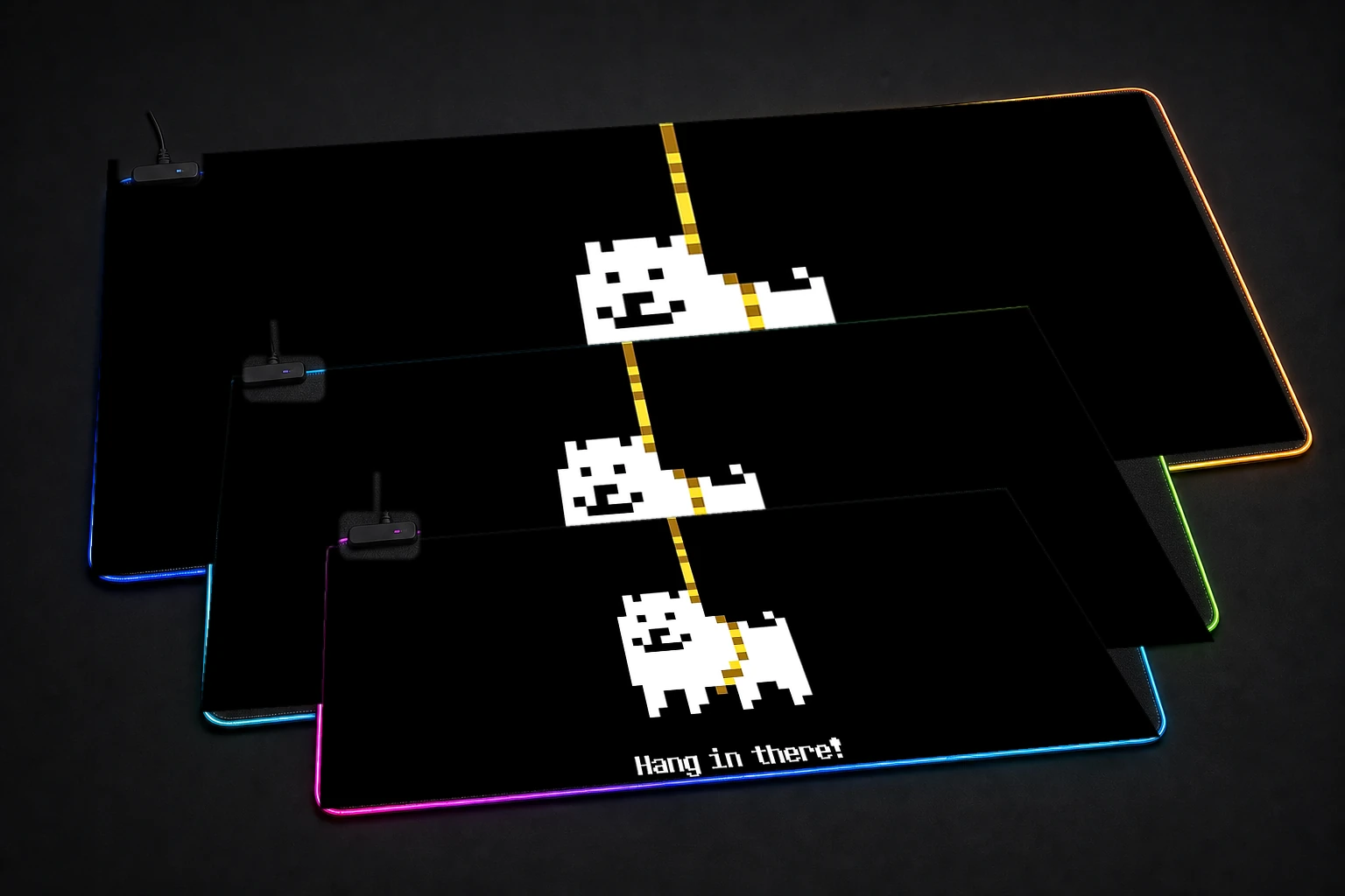 Undertale 'hang in there?' RGB Desk Mat three-size comparison