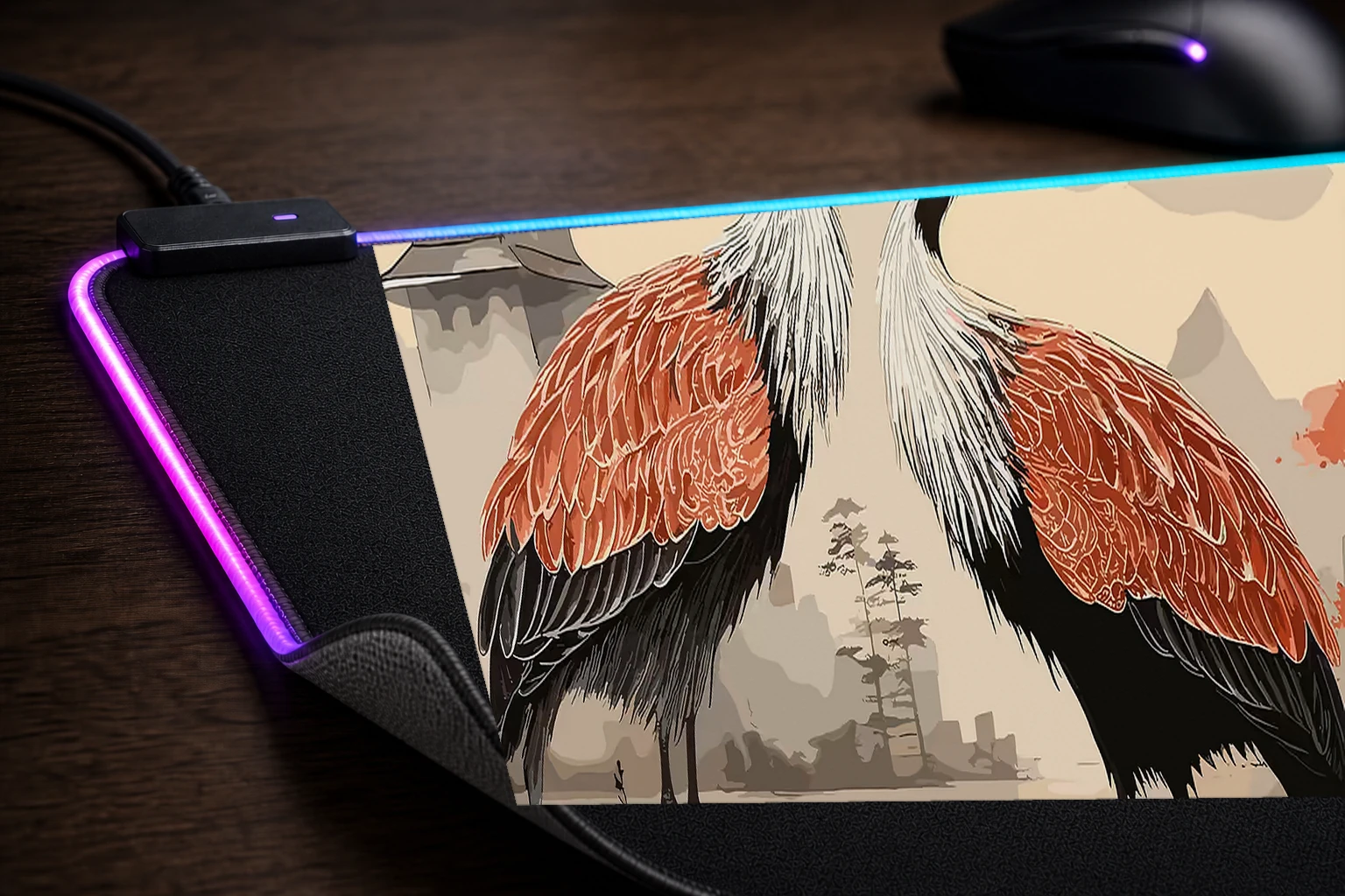 Japanese Crane RGB Desk Mat controller and material detail