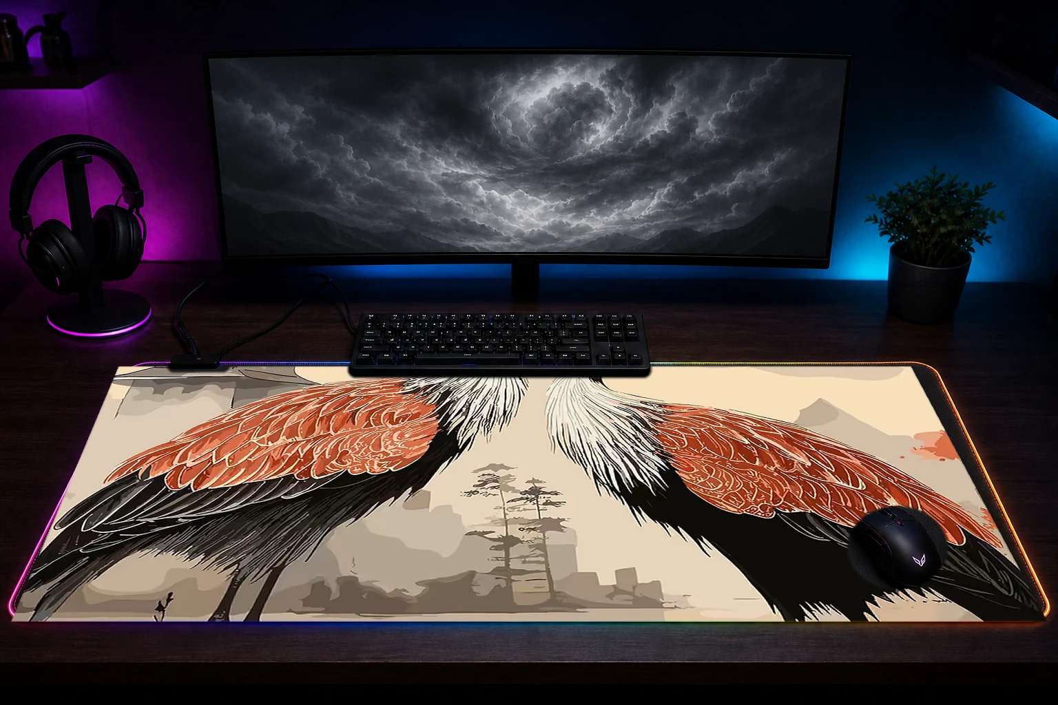 Japanese Crane RGB Desk Mat immersive setup scene
