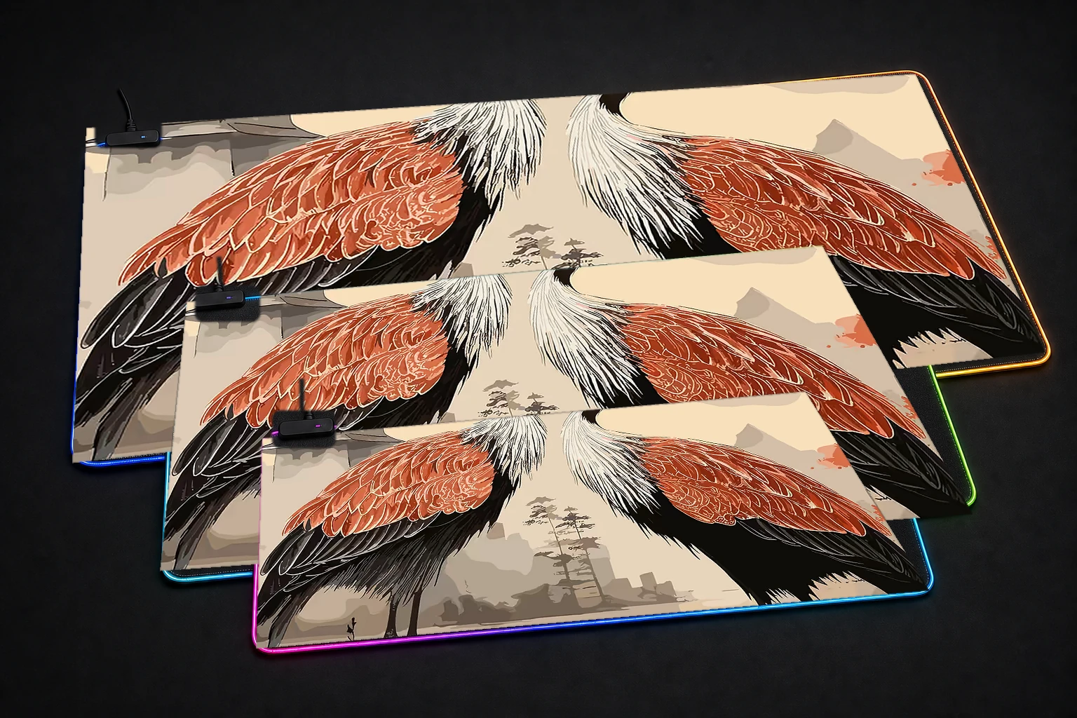 Japanese Crane RGB Desk Mat three-size comparison
