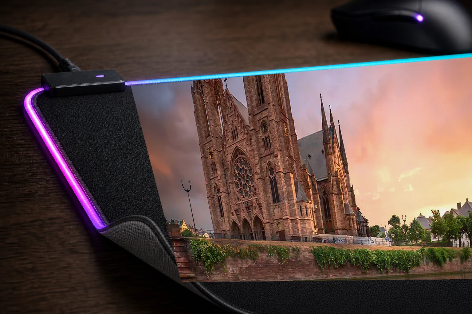 Golden hour in Strasbourg RGB Desk Mat controller and material detail