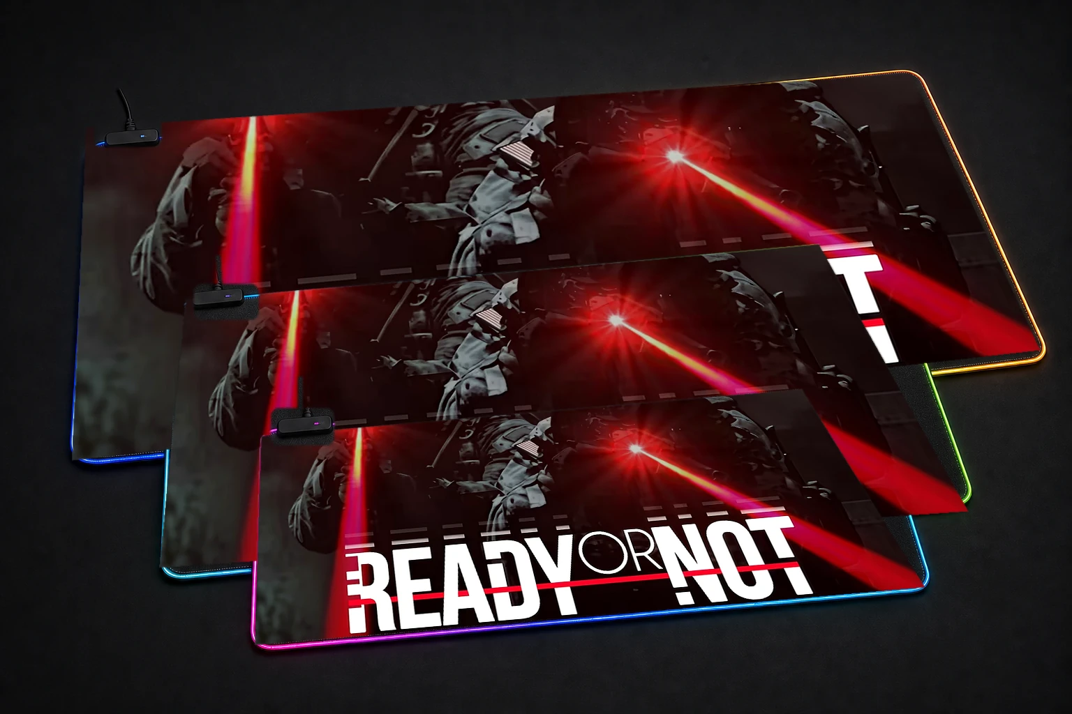 Ready or Not Tactical weapon Game artwork RGB Desk Mat three-size comparison