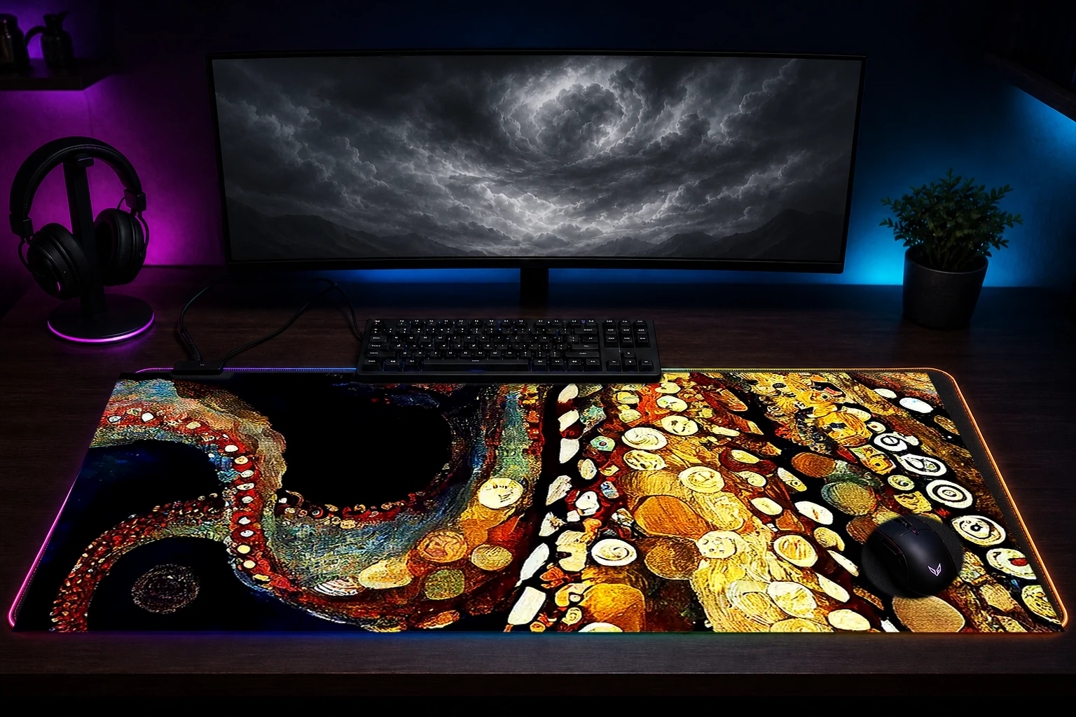 Paint Octopus RGB Desk Mat immersive setup scene