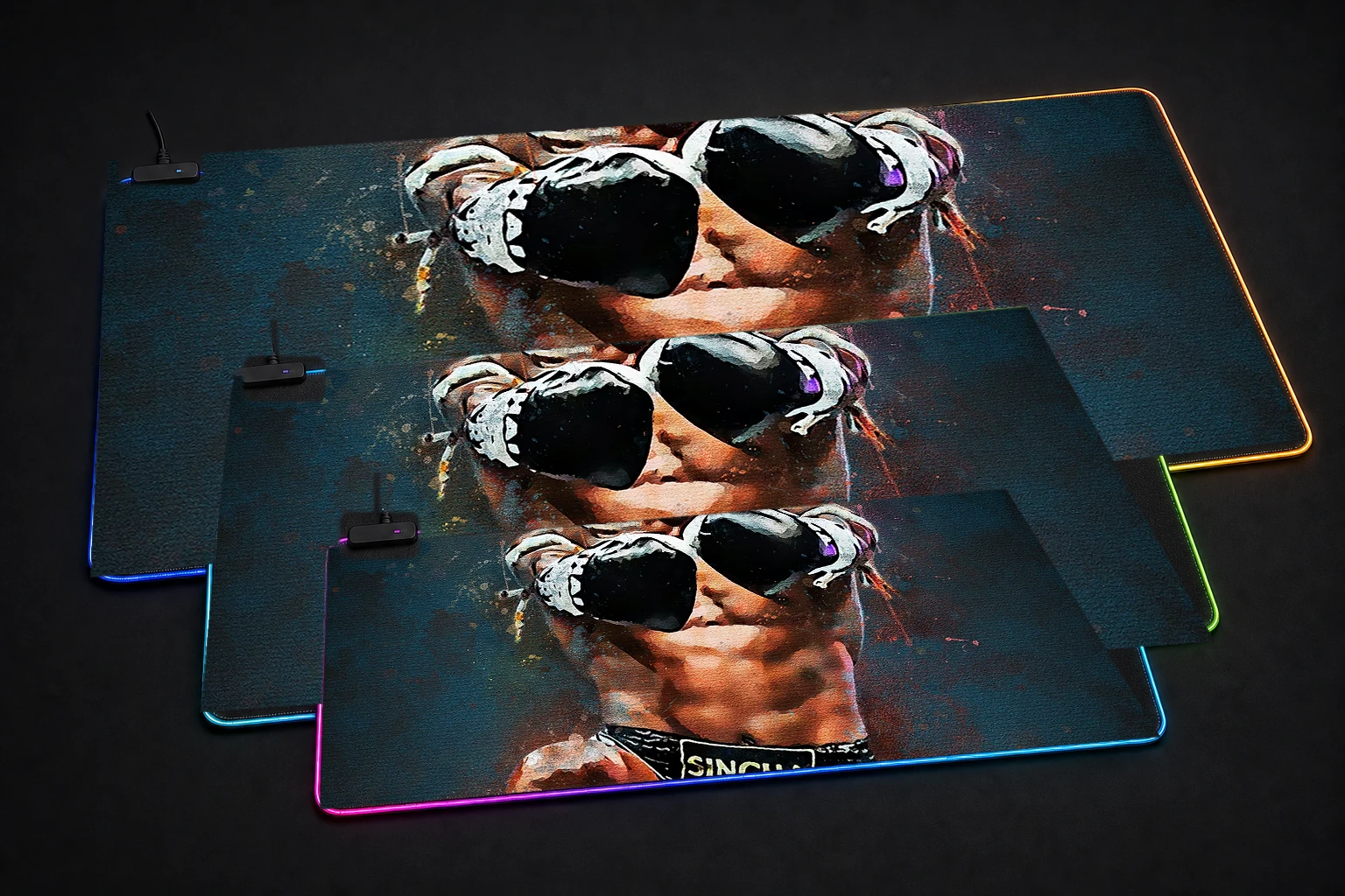 Splatter king Muay Thai RGB Desk Mat three-size comparison