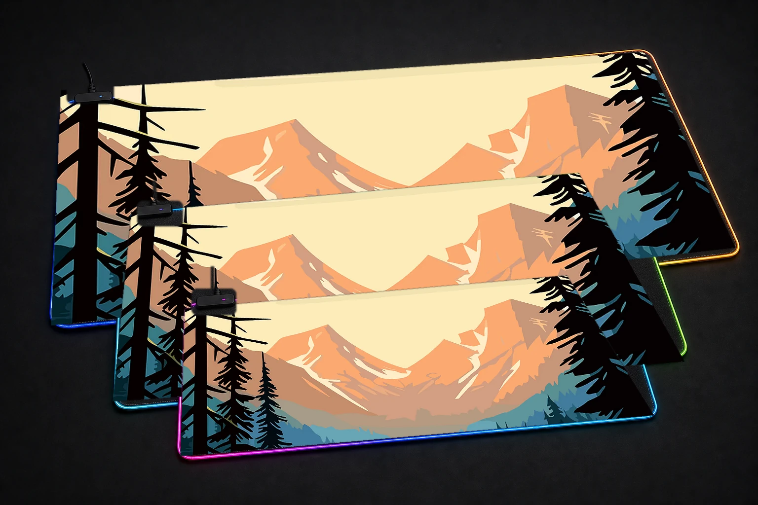 Forests and Wildlife RGB Desk Mat three-size comparison