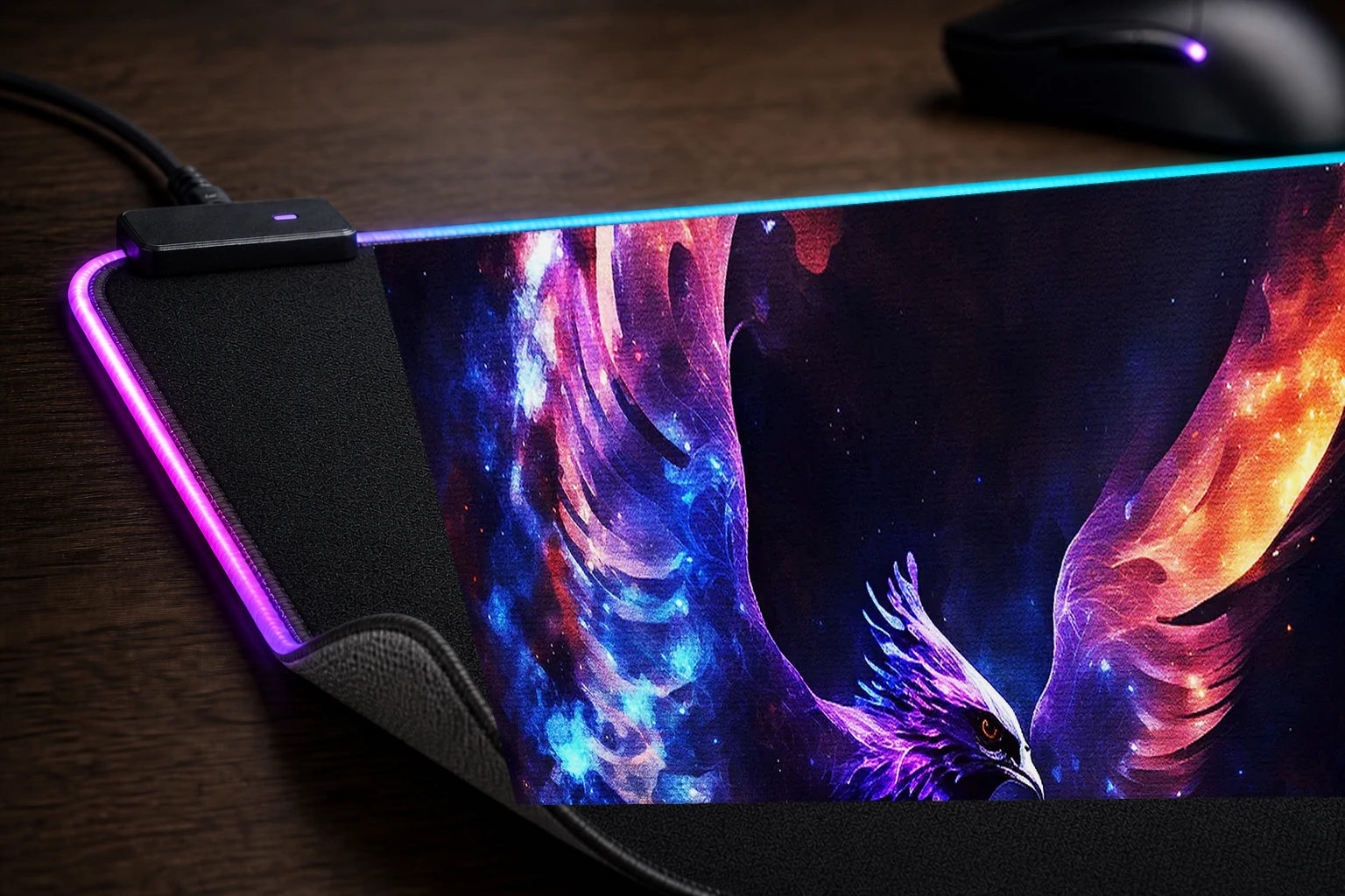 Mystical Phoenix RGB Desk Mat controller and material detail