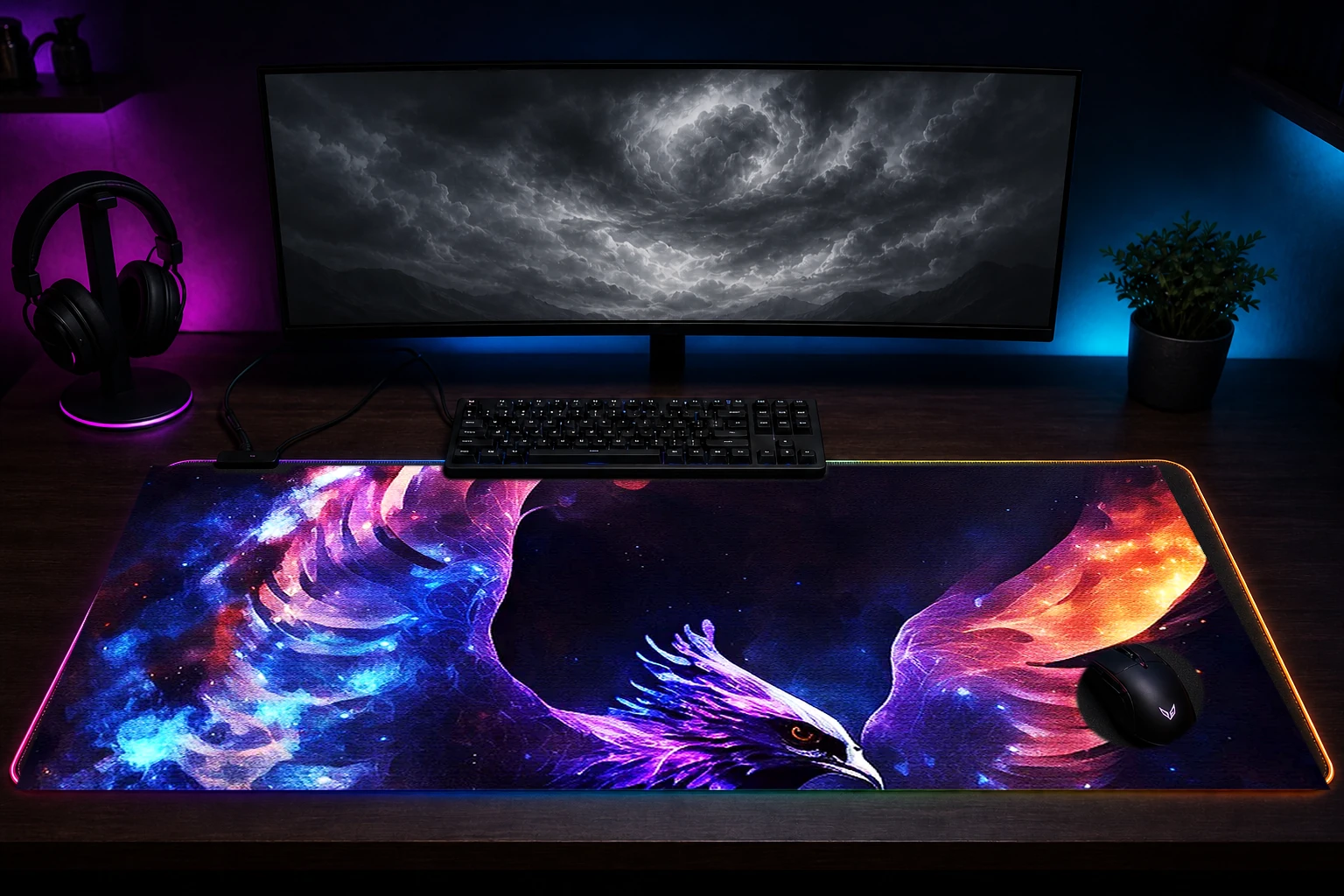 Mystical Phoenix RGB Desk Mat immersive setup scene