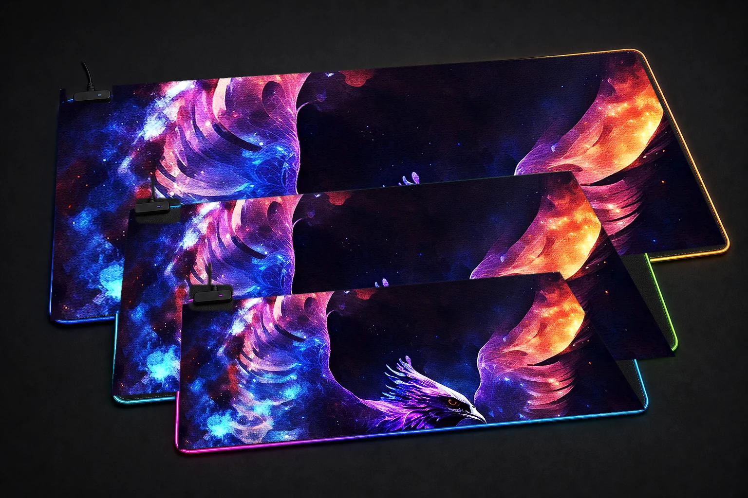Mystical Phoenix RGB Desk Mat three-size comparison