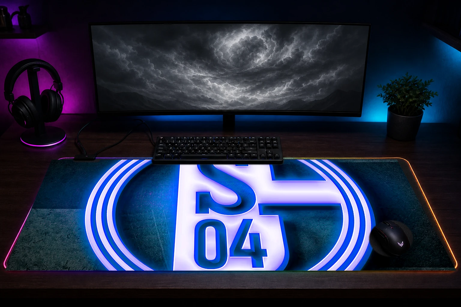 Schalke 04 Neon Logo RGB Desk Mat immersive setup scene