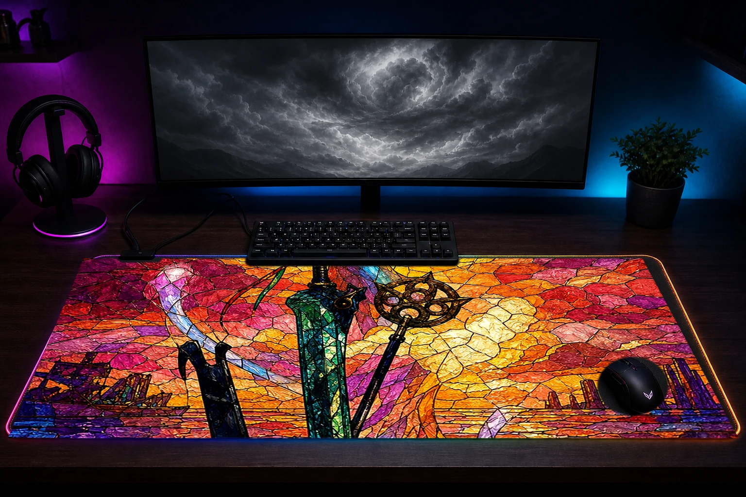 Final Fantasy X Stained Glass artwork RGB Desk Mat immersive setup scene