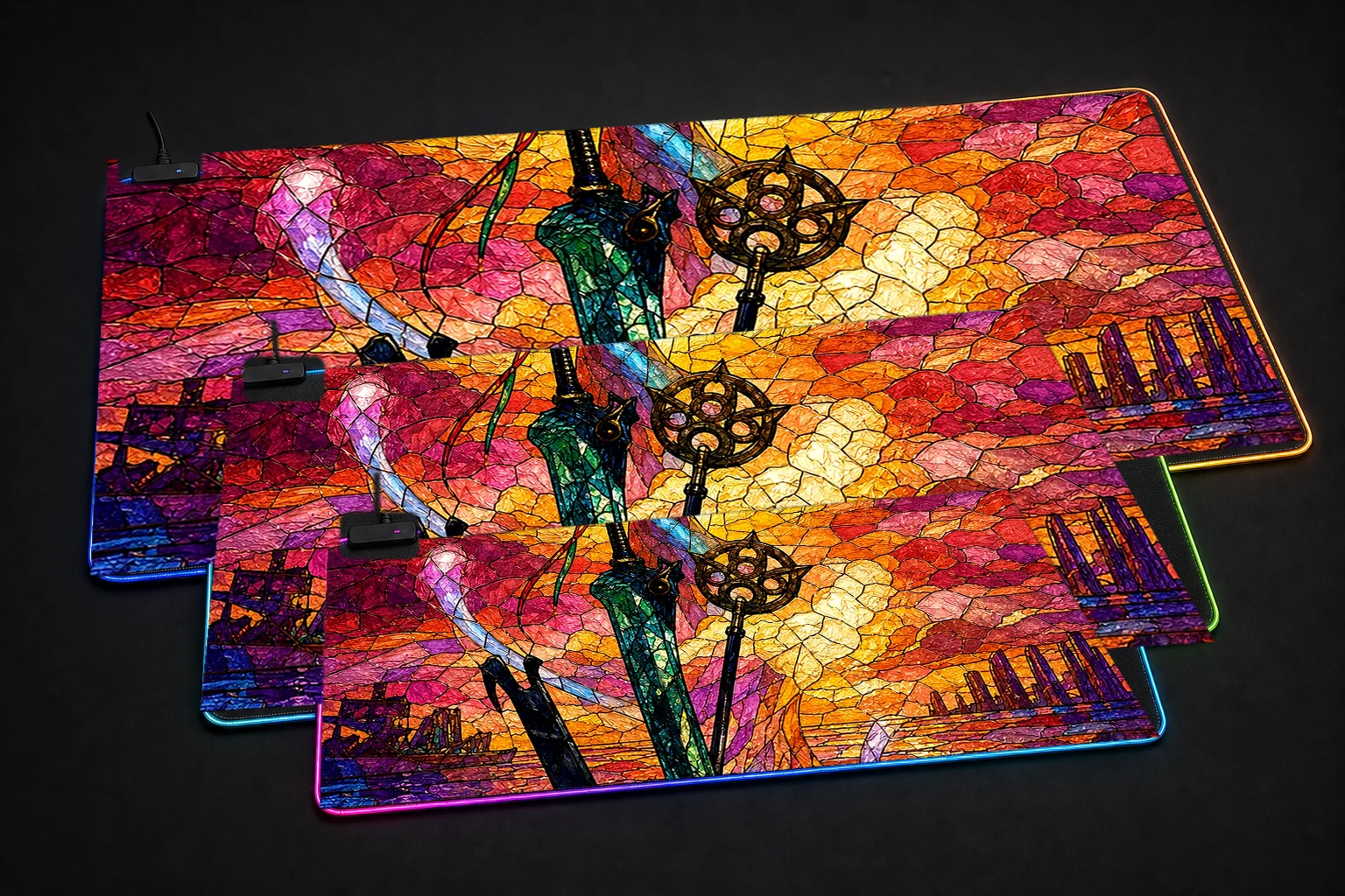 Final Fantasy X Stained Glass artwork RGB Desk Mat three-size comparison