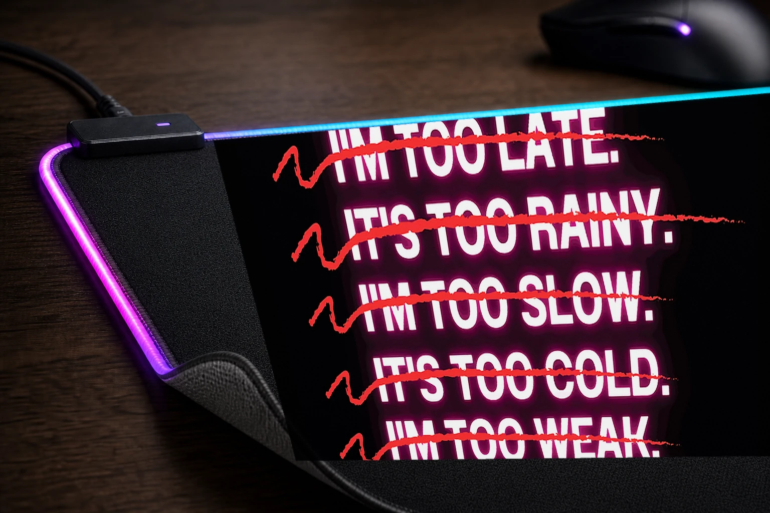 Gym Nobody Cares Lets Go. RGB Desk Mat controller and material detail