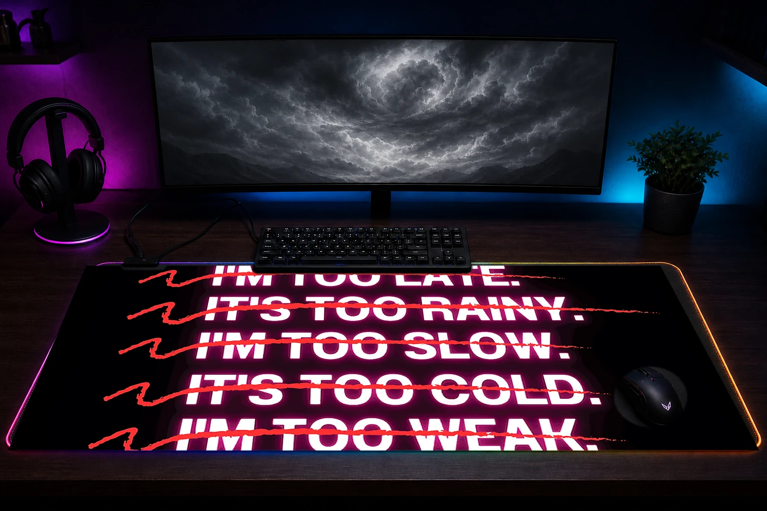 Gym Nobody Cares Lets Go. RGB Desk Mat immersive setup scene