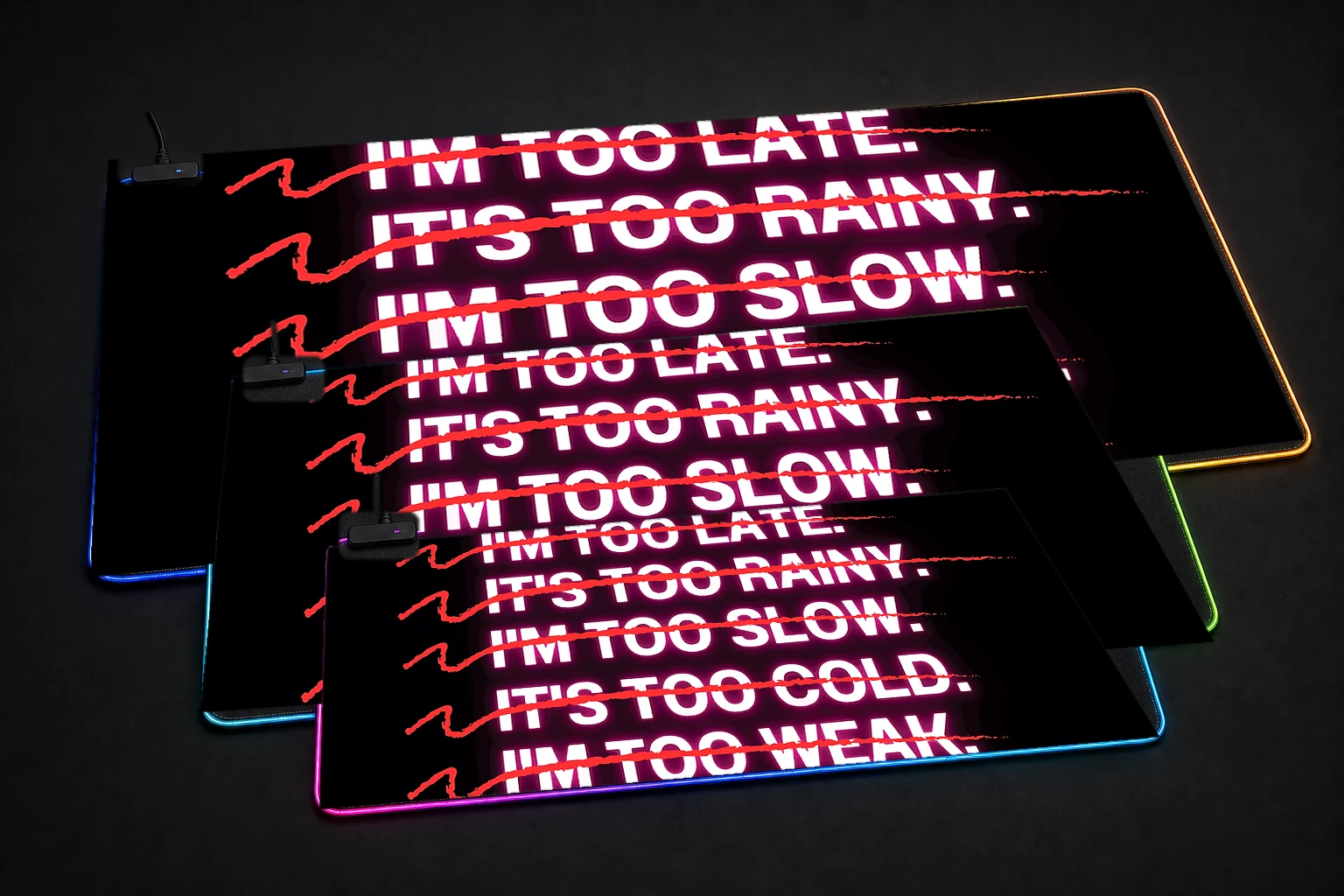 Gym Nobody Cares Lets Go. RGB Desk Mat three-size comparison