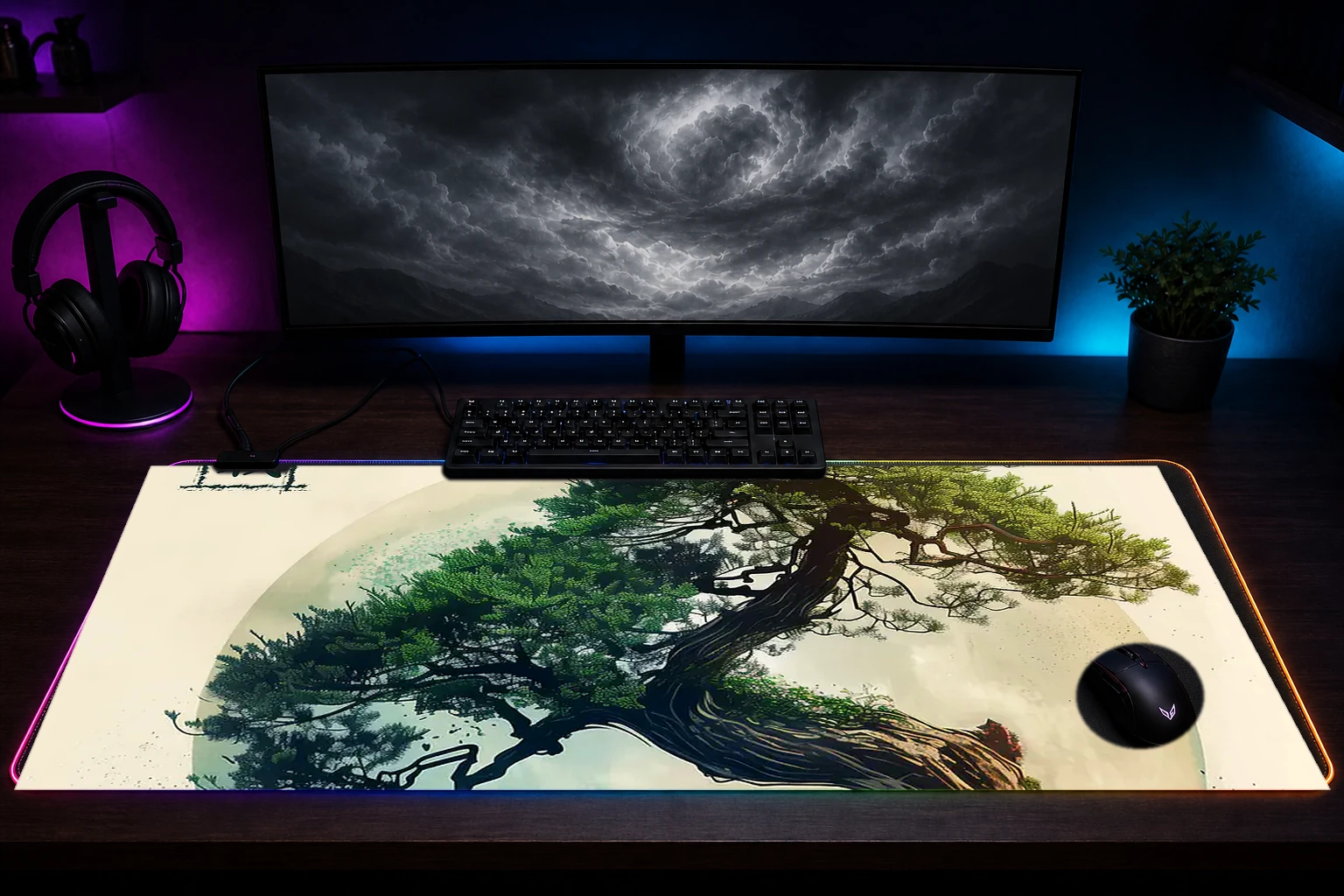 Bonsai RGB Desk Mat immersive setup scene