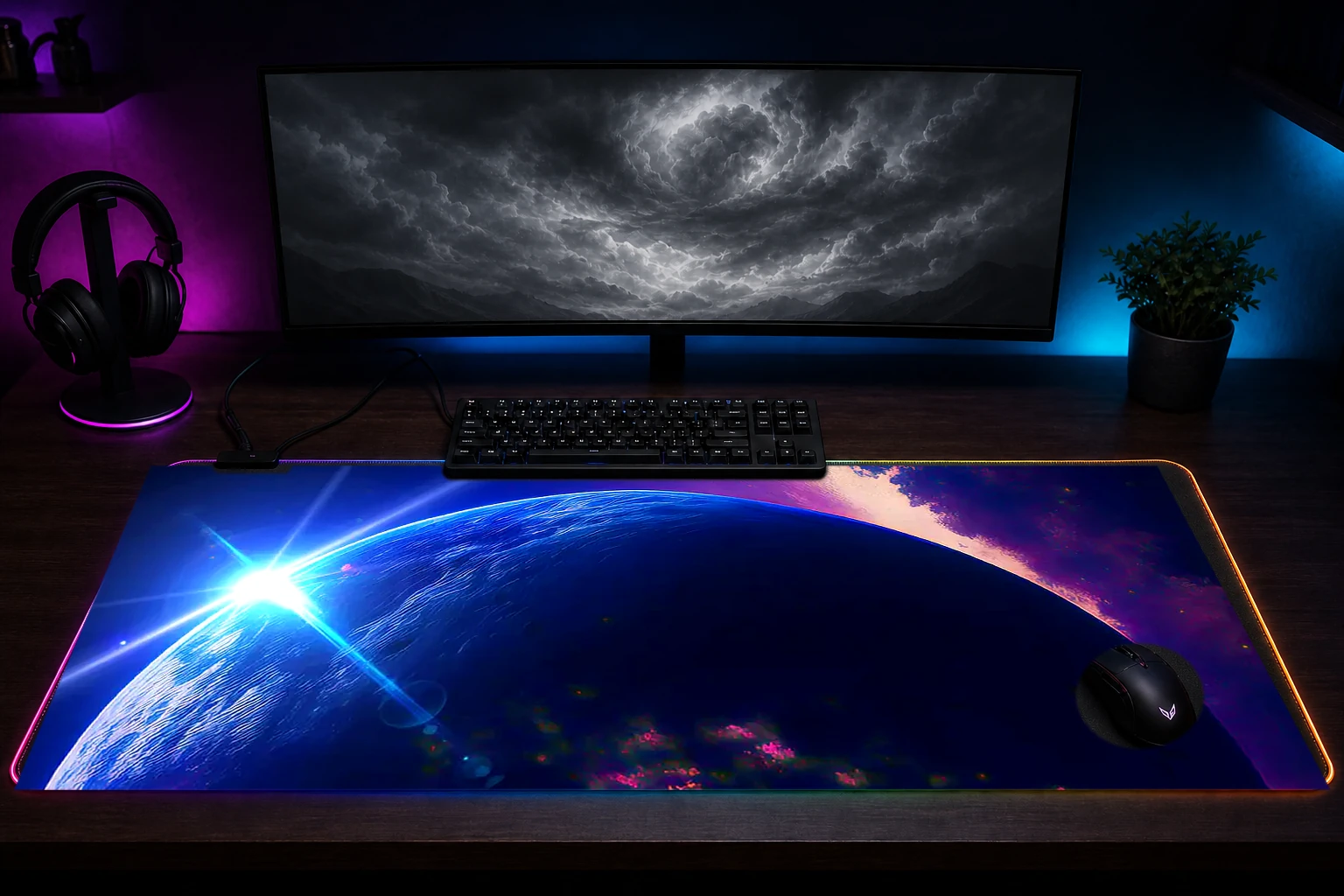 SPACE 11 RGB Desk Mat immersive setup scene