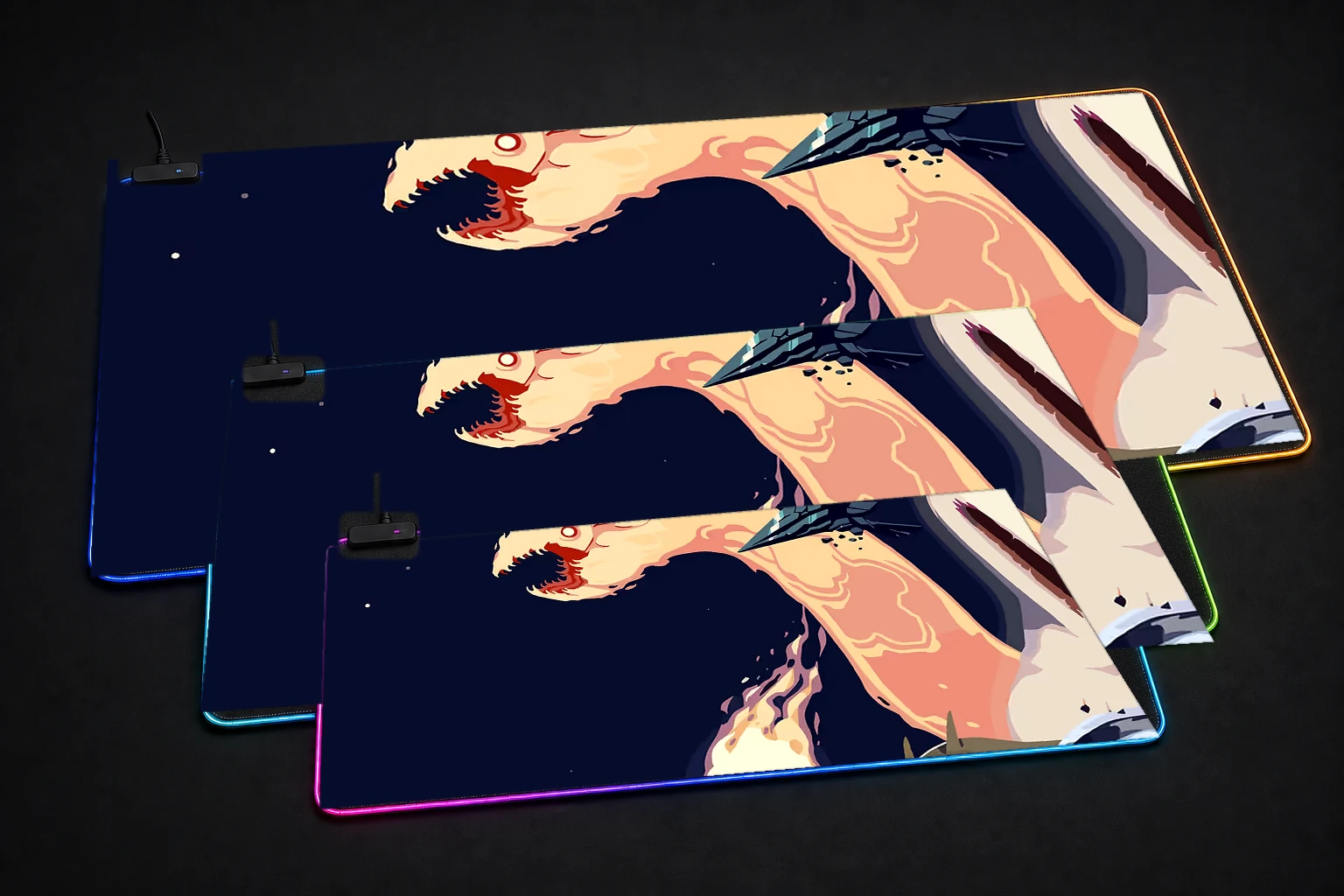 Risk of Rain 2 RGB Desk Mat three-size comparison