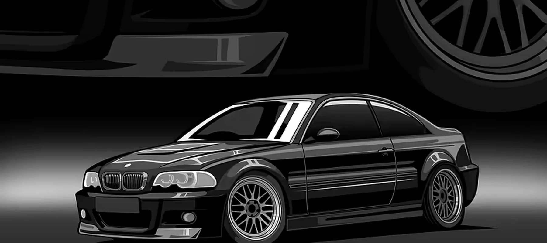Black BMW E46 Illustration RGB Desk Mat full-width design preview