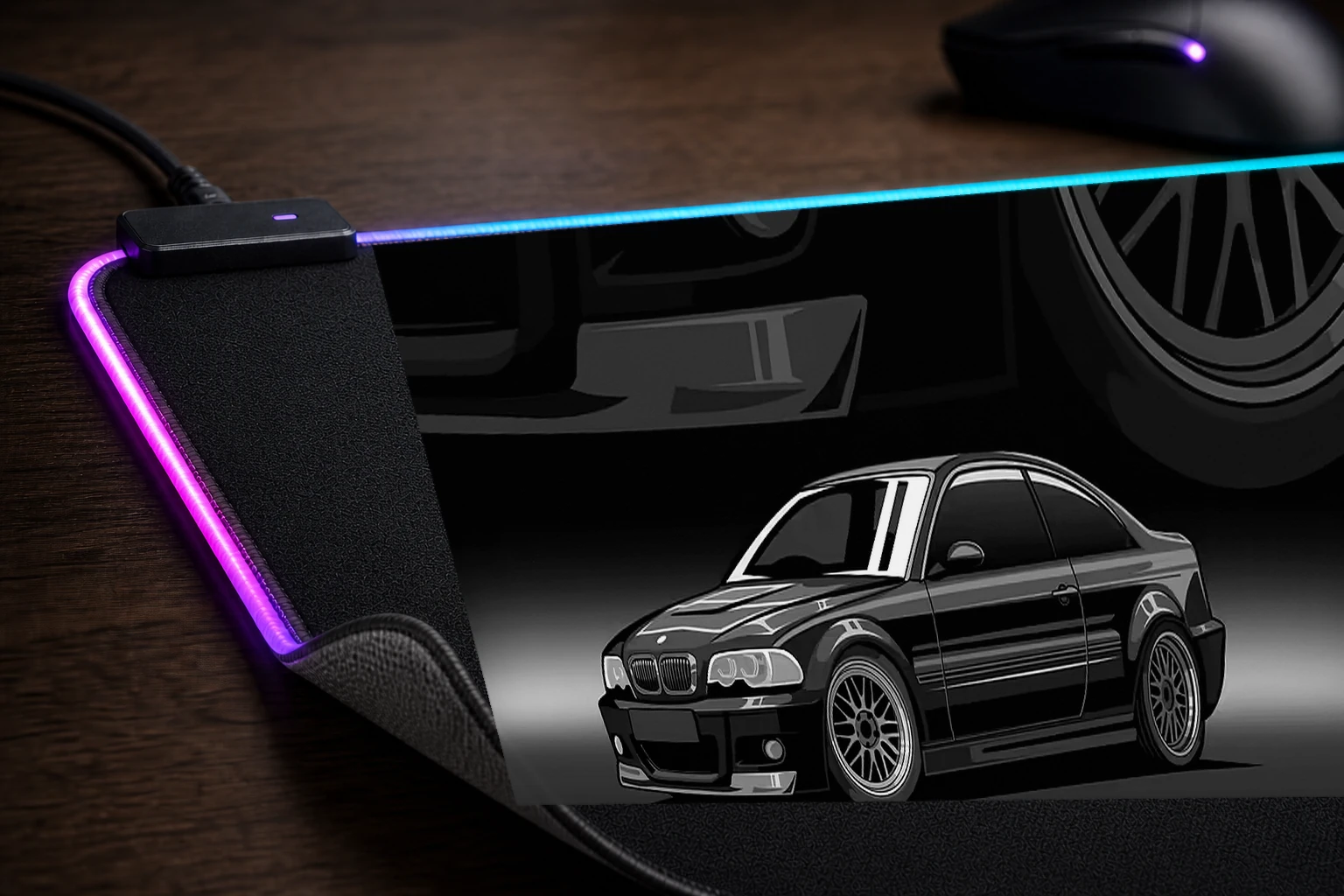 Black BMW E46 Illustration RGB Desk Mat controller and material detail