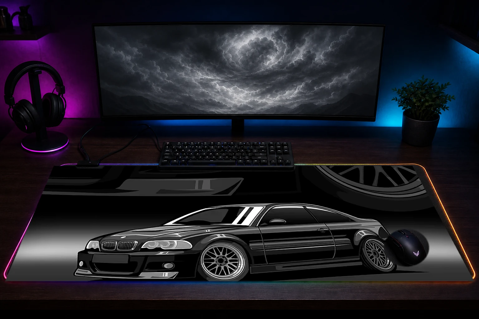 Black BMW E46 Illustration RGB Desk Mat immersive setup scene