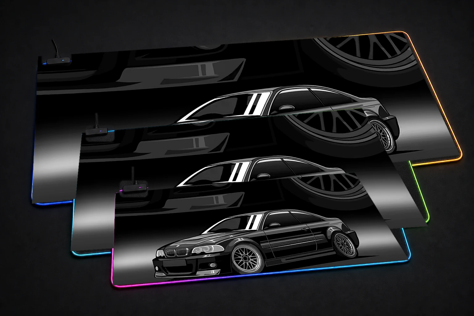Black BMW E46 Illustration RGB Desk Mat three-size comparison