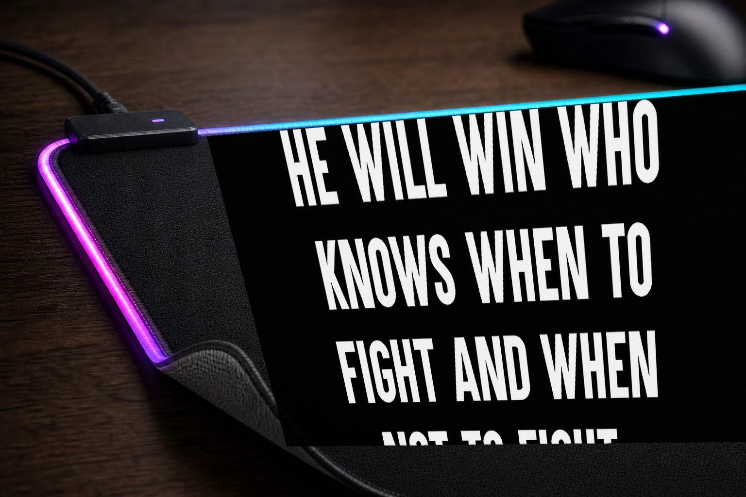 Sun Tzu Quote RGB Desk Mat controller and material detail