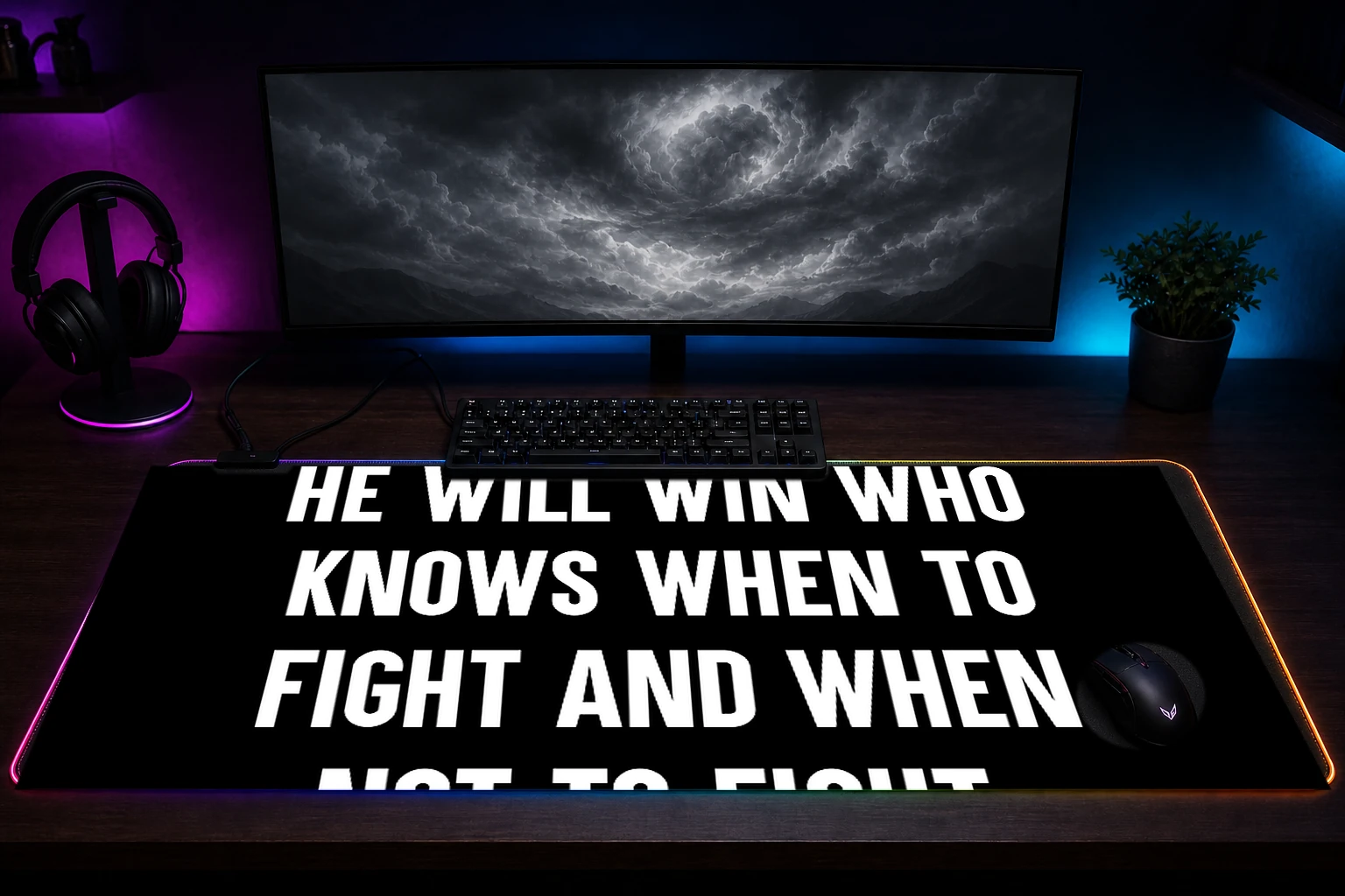 Sun Tzu Quote RGB Desk Mat immersive setup scene