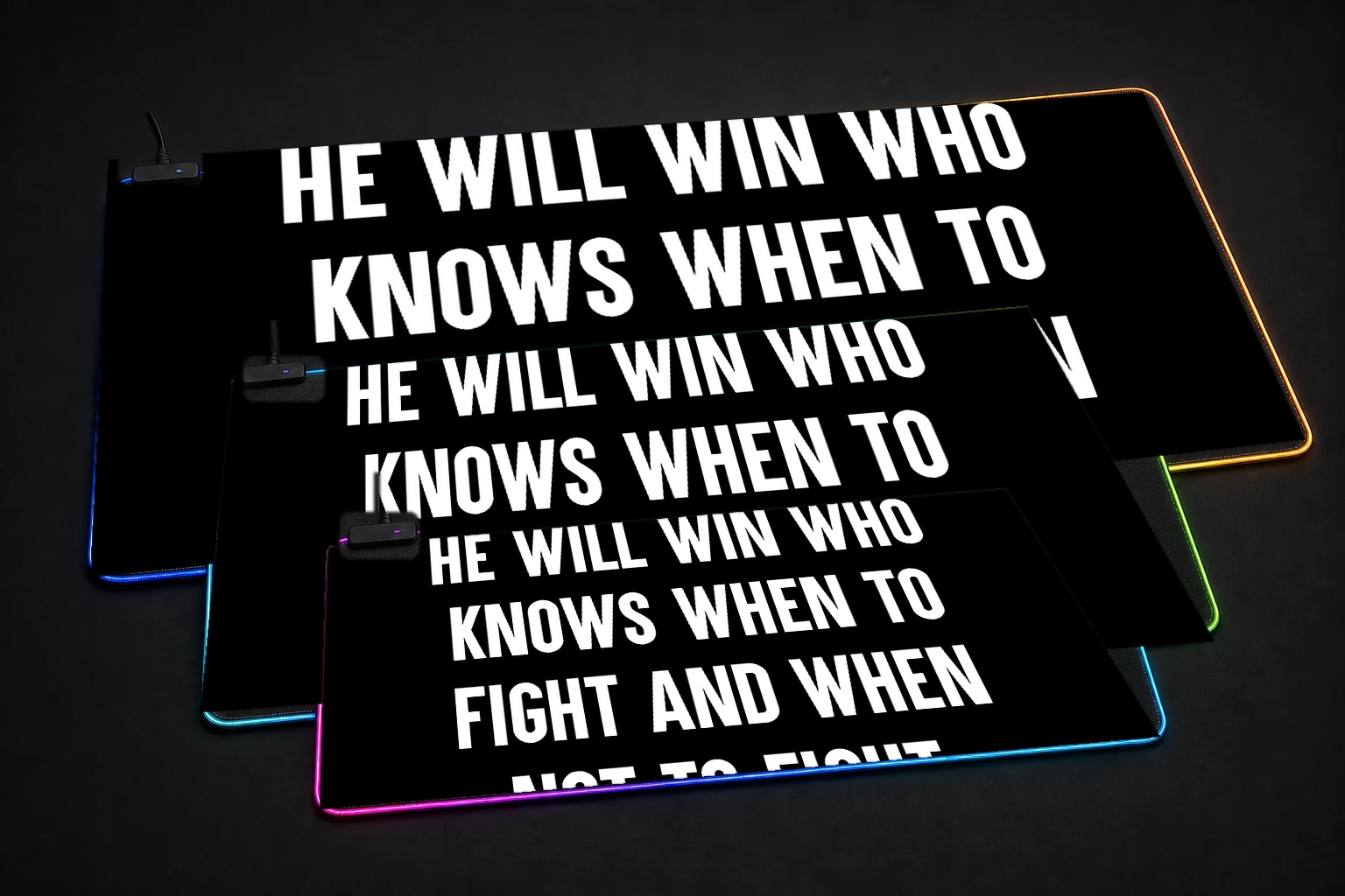 Sun Tzu Quote RGB Desk Mat three-size comparison