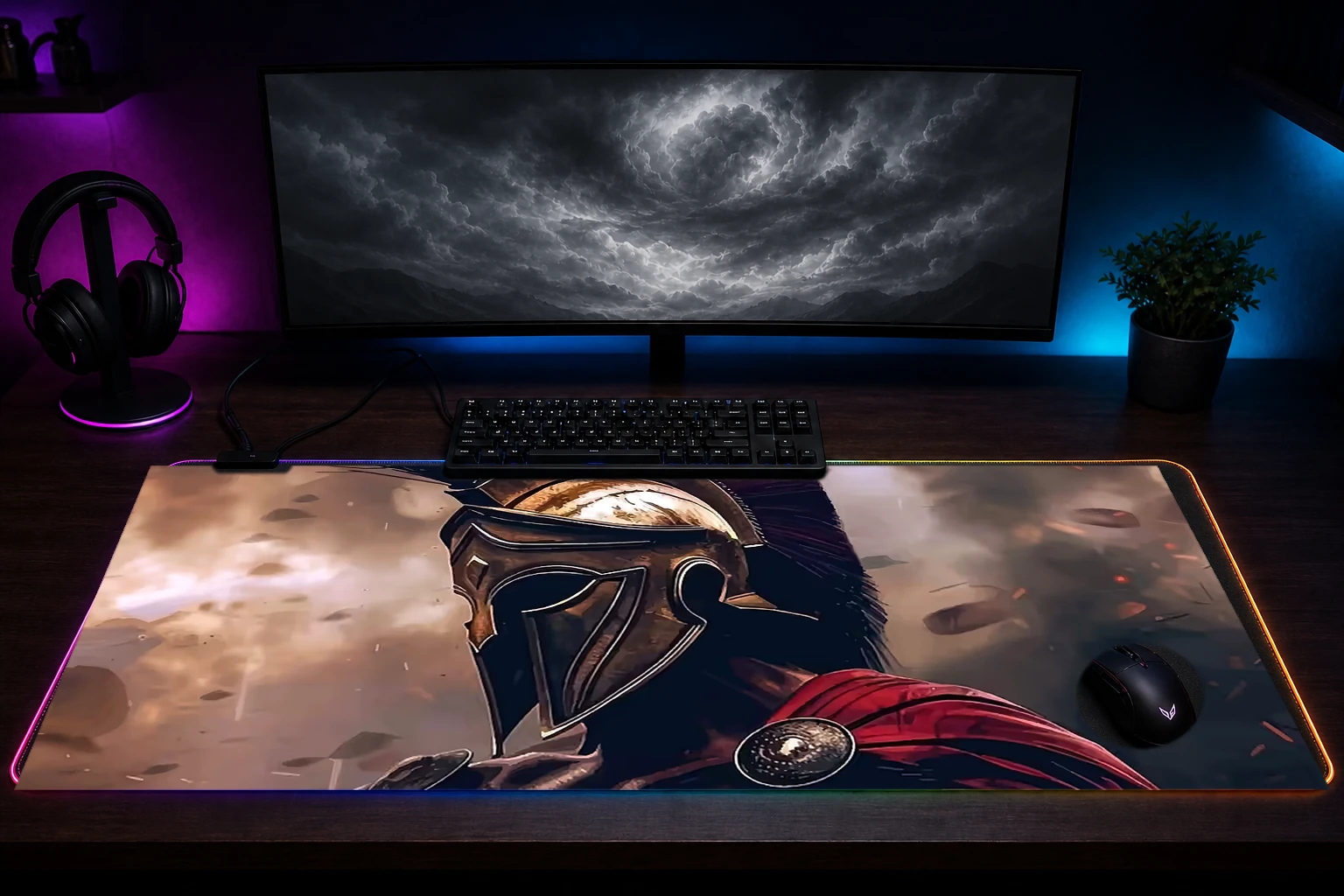 THIS IS SPARTA RGB Desk Mat immersive setup scene