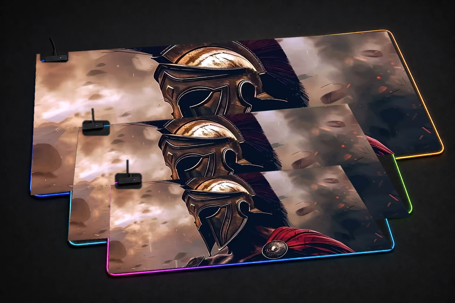 THIS IS SPARTA RGB Desk Mat three-size comparison
